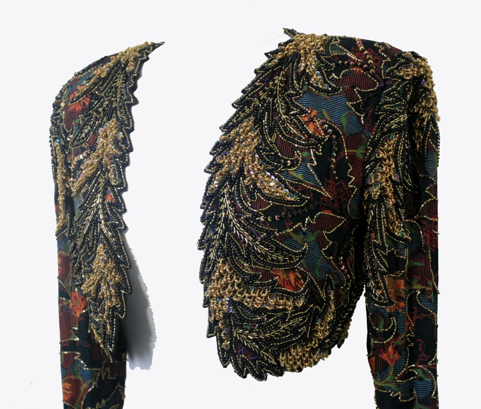 Jasdee Vintage Bolero Jacket Hand Work Bead & Sequins & HandPrint On Silk # 2020