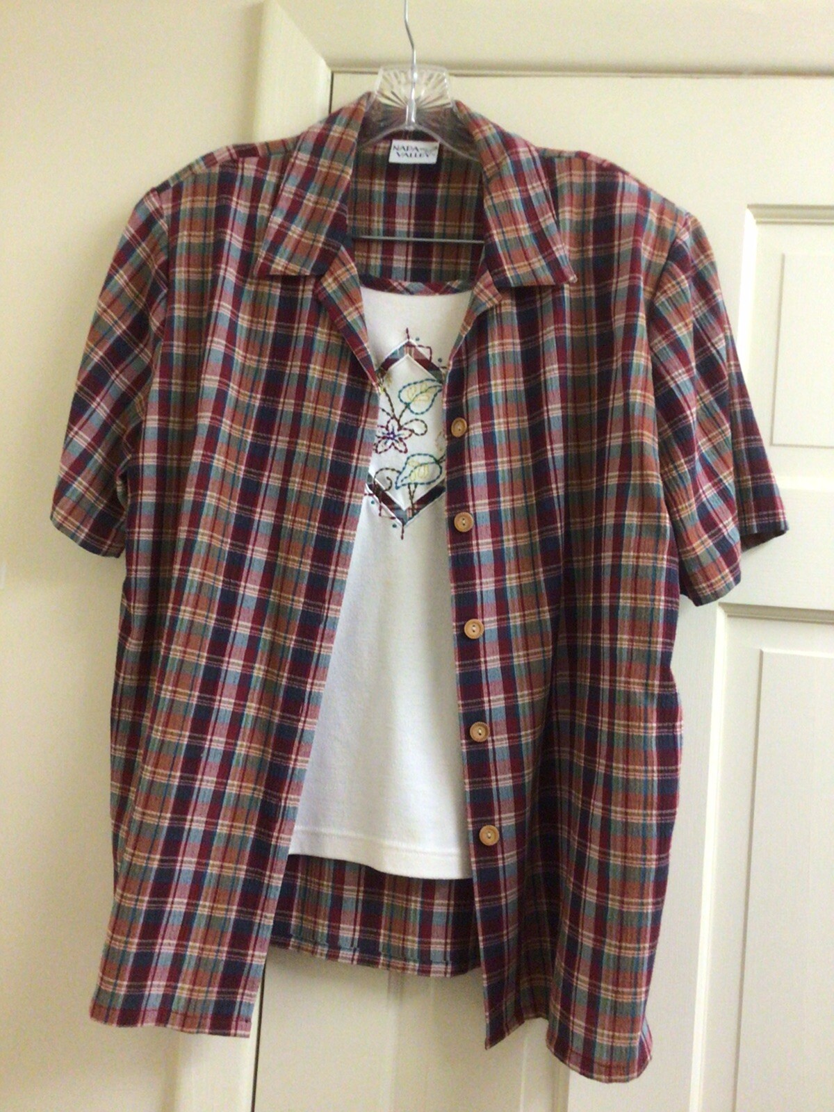 Napa Valley Women Med Blouse 2-in-1 Top Beige Plaid Red Green Embroidery Vintage