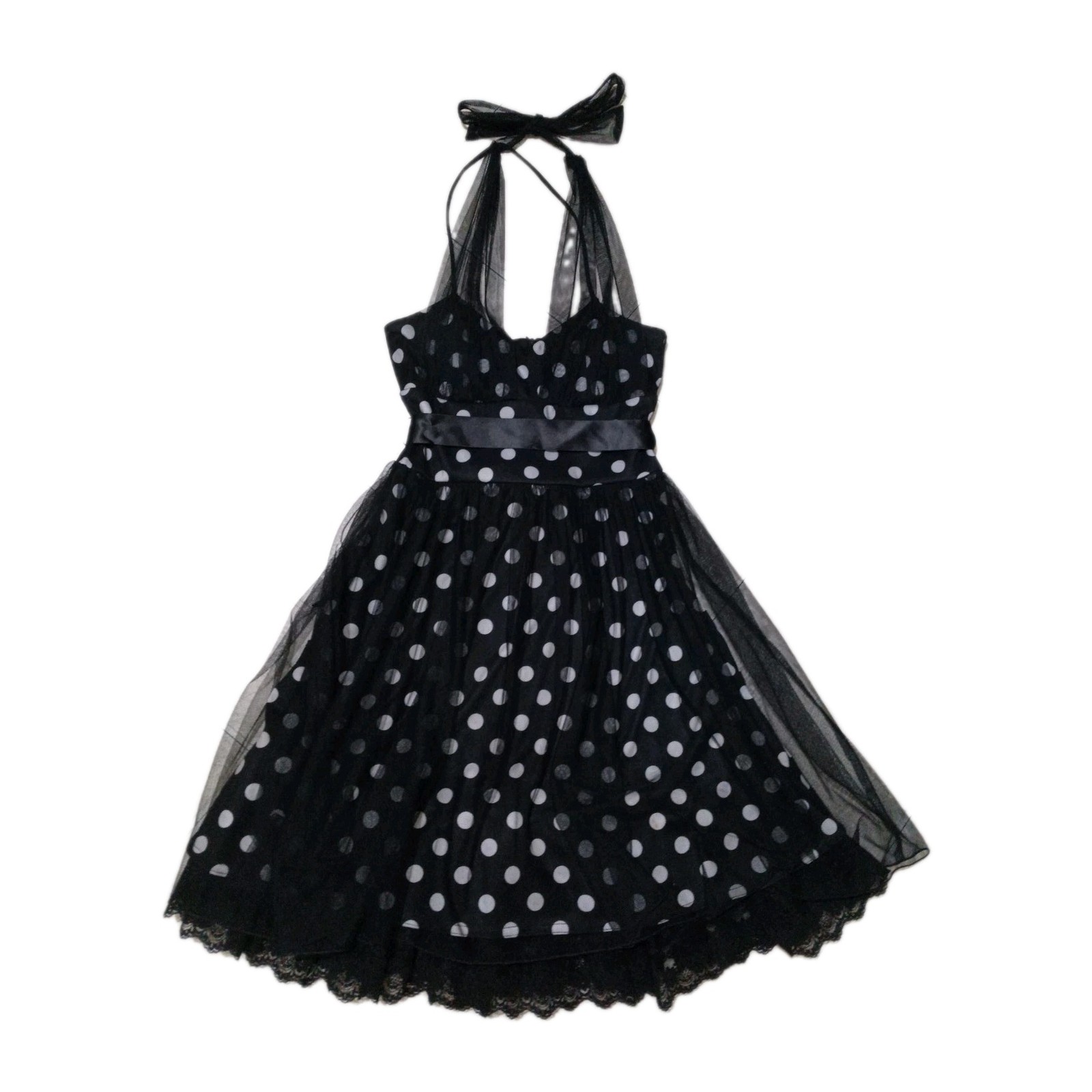 Vtg Y2K Womens 3/4 Black Polkadot A-line Midi Dress Flare Retro Mod Rockabilly