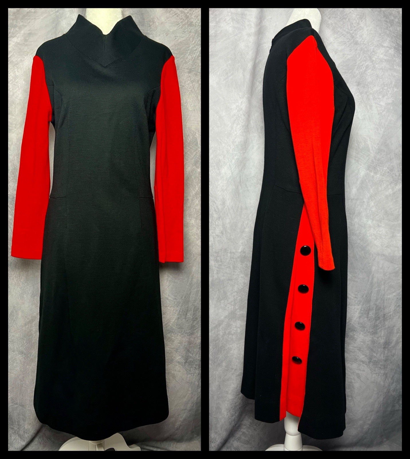Vintage 1960s Alfred Werber Colorblock Knit Dress Red Black Side Pleats Sz S