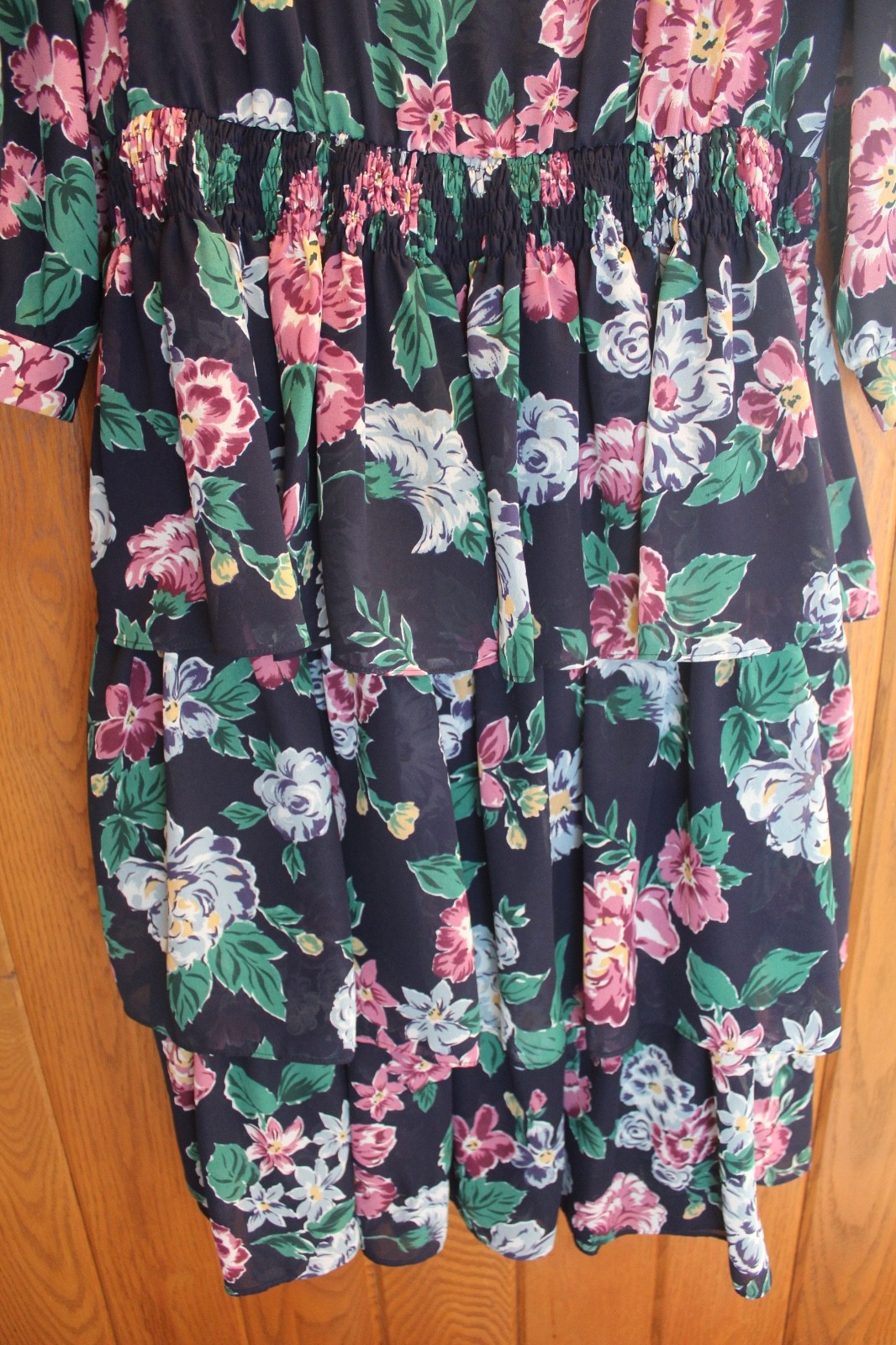 VTG LESLIE FAY PETITES FLORAL DRESS W/ 3 TIER SKIRT SZ 8 PETITE STRETCH WAIST