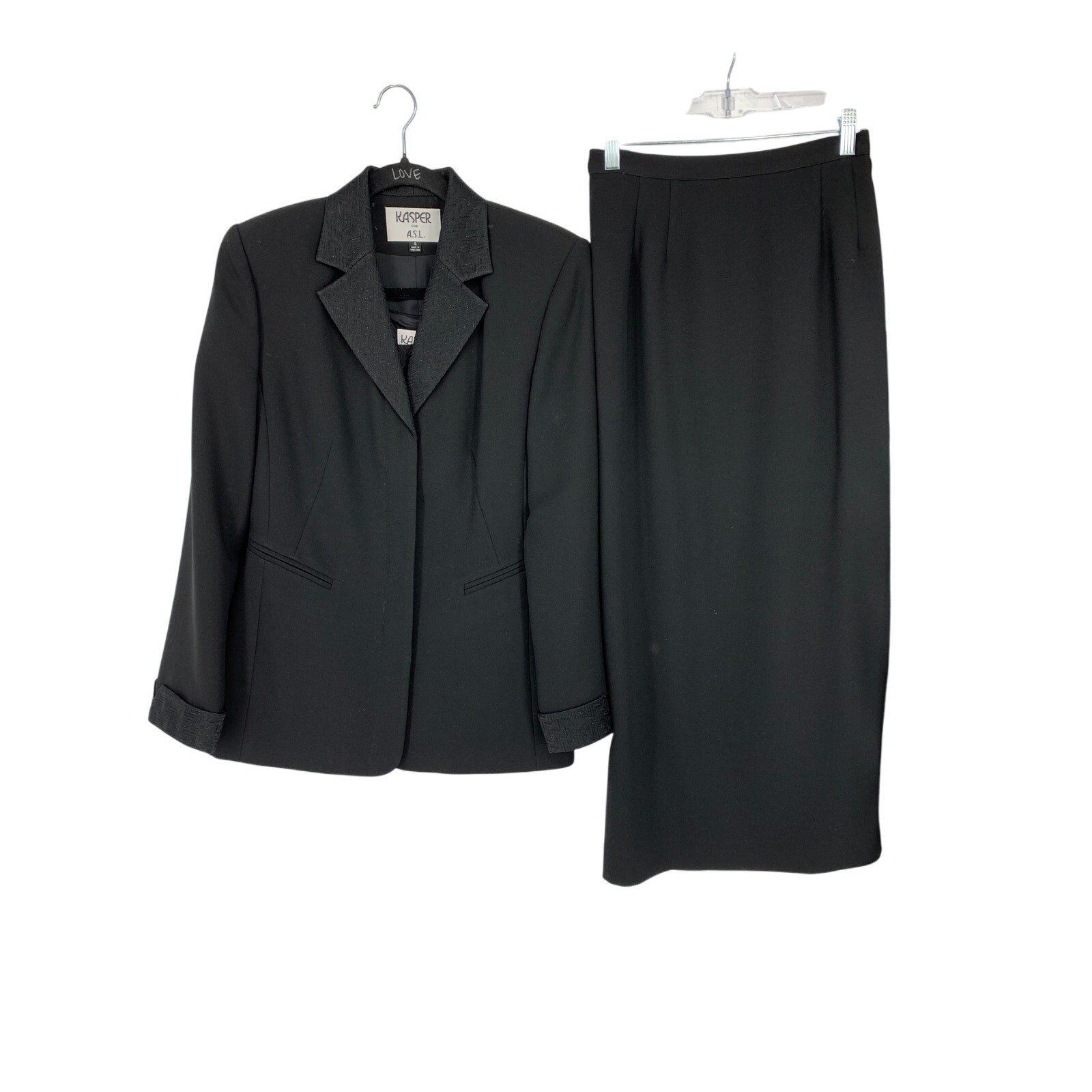 VTG Kasper 3 Piece Maxi Skirt Suit Blazer Shell Womens Sz XS Black Embellished