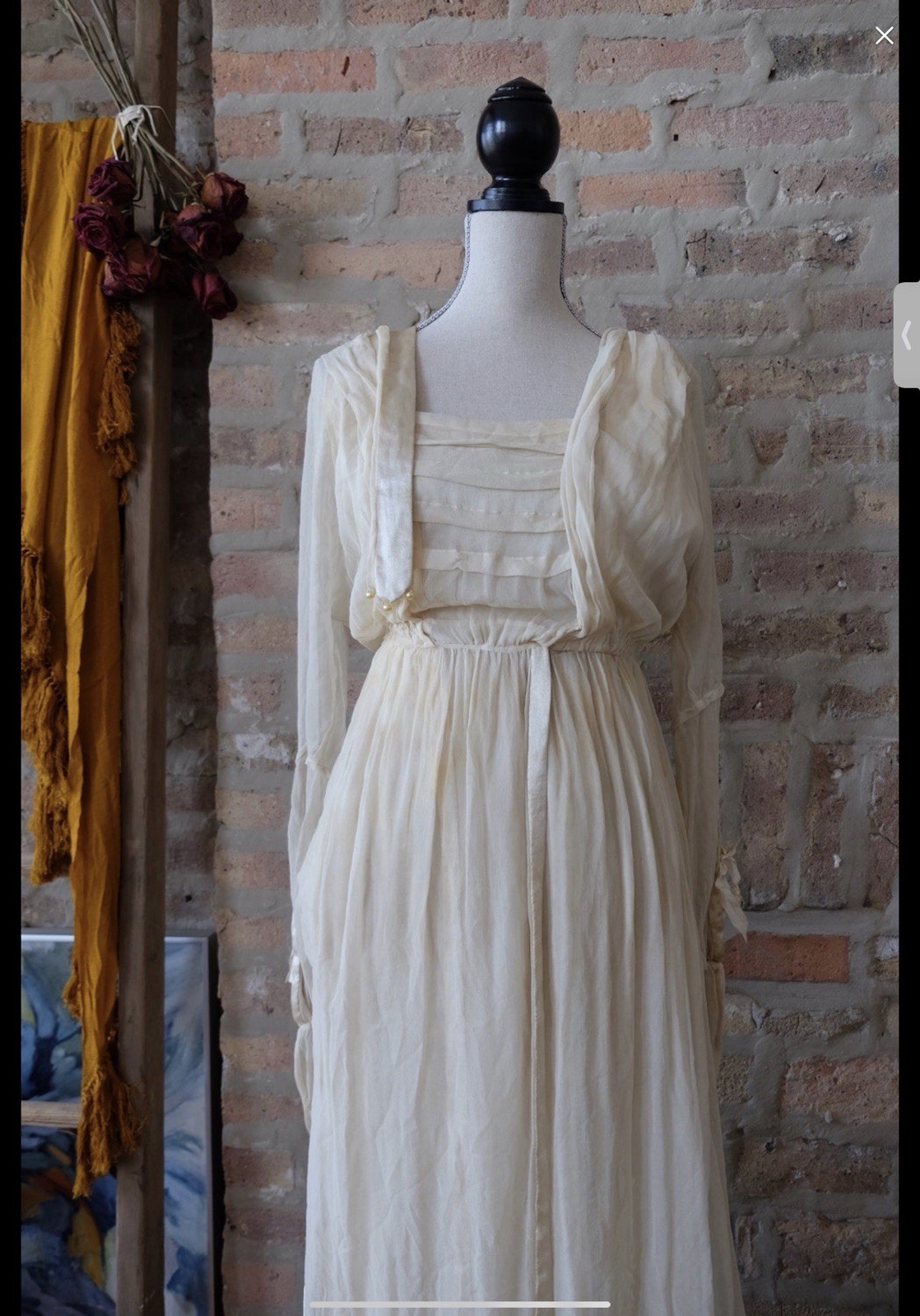Antique Edwardian Ivory Silk Prairie Dress Empire Waist Cottagecore