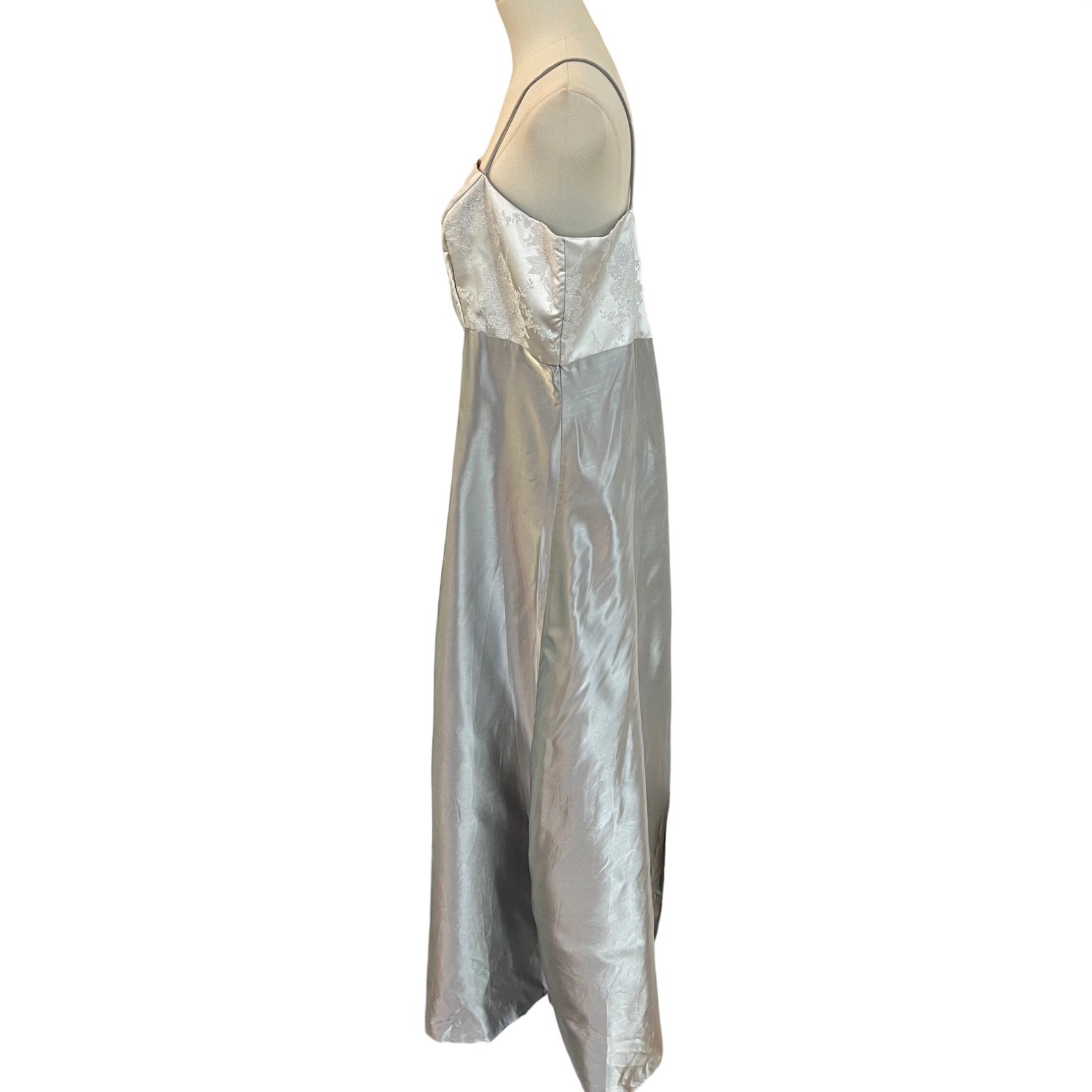 Do You Love Me Silver Acetate Brocade Maxi Slip Dress 90s Prom Gown Vintage 18