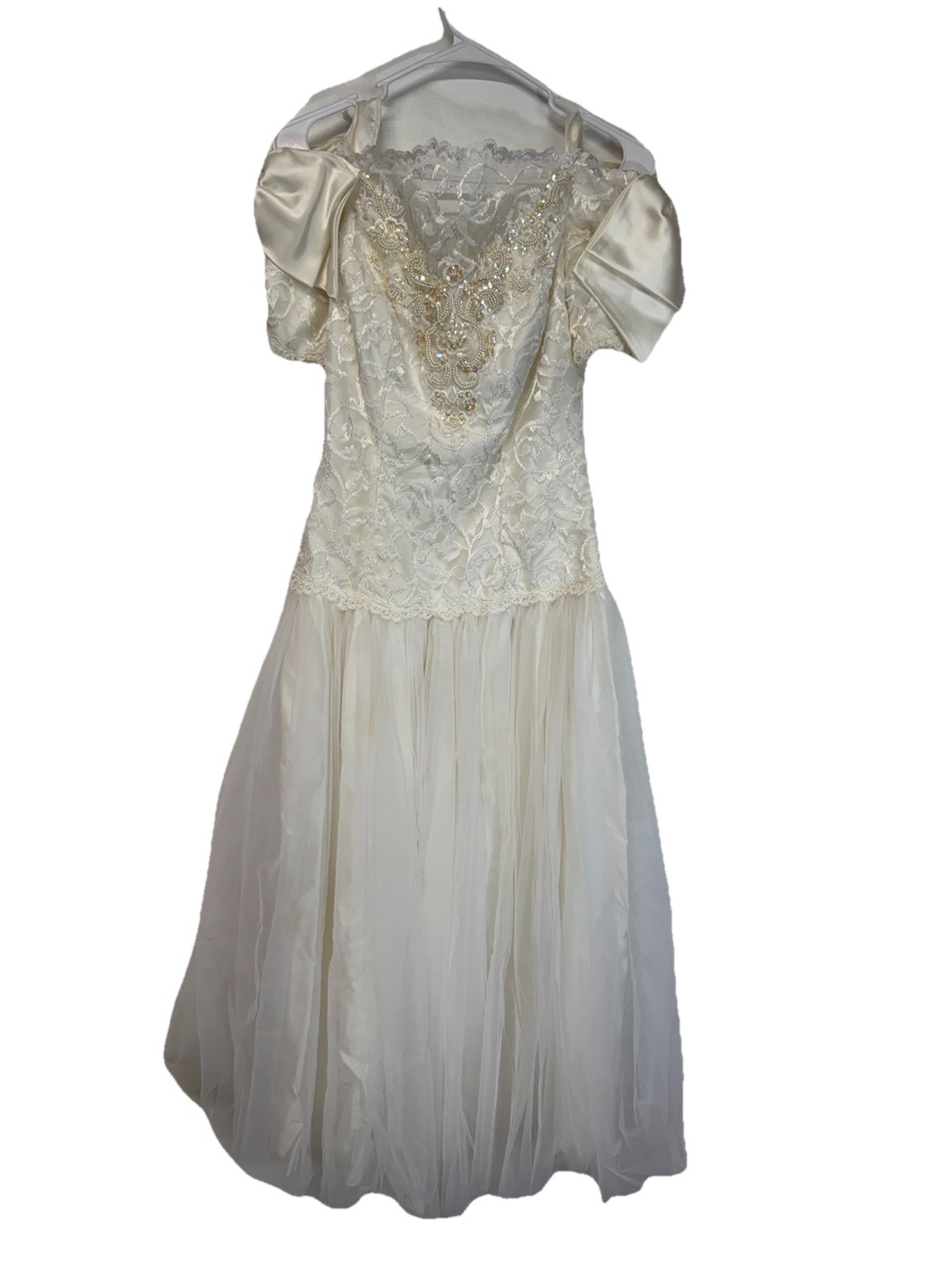 Alfred Angelo Y2K VTG 80s 90s White Satin Short Sleeve Wedding Dress V Neck S