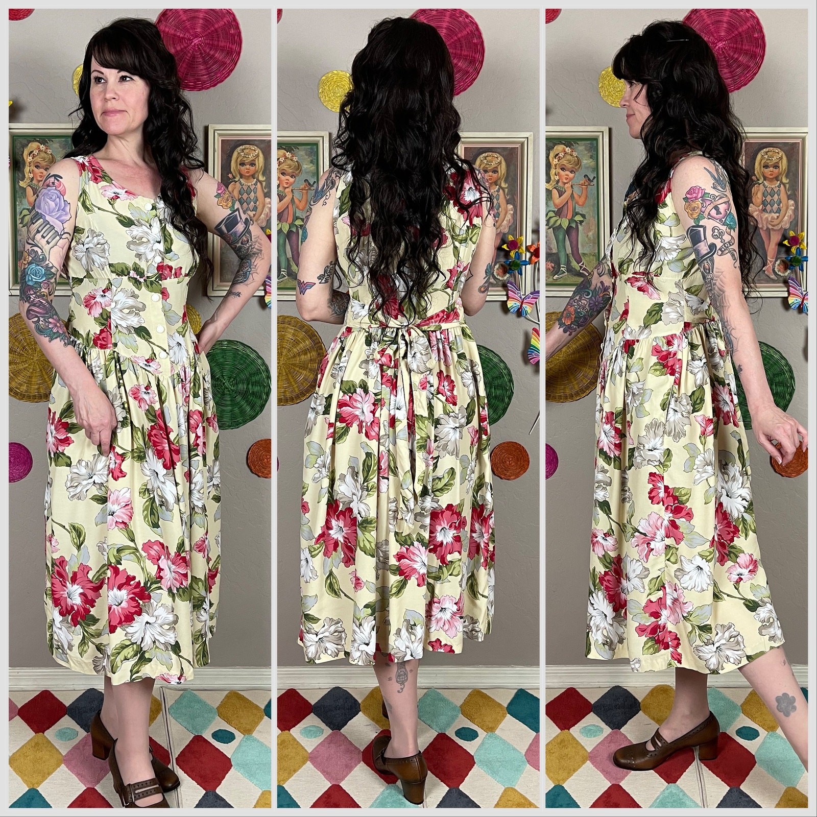 Vintage 1990s Yellow Floral Sleeveless Petite Midi Sundress | 32″ Waist