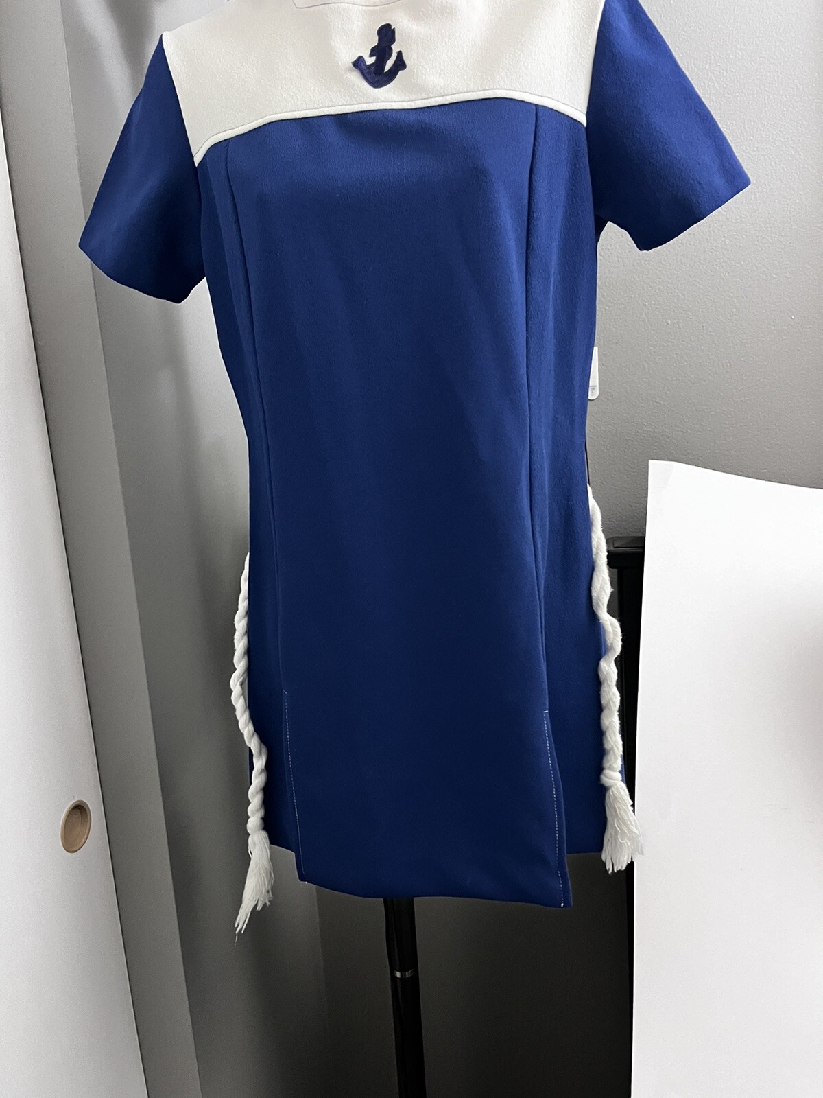 1970s Retro MINI DRESS-Navy Look-Anchor Motif-Side Slits-Braided Rope Belt-Sz 8?