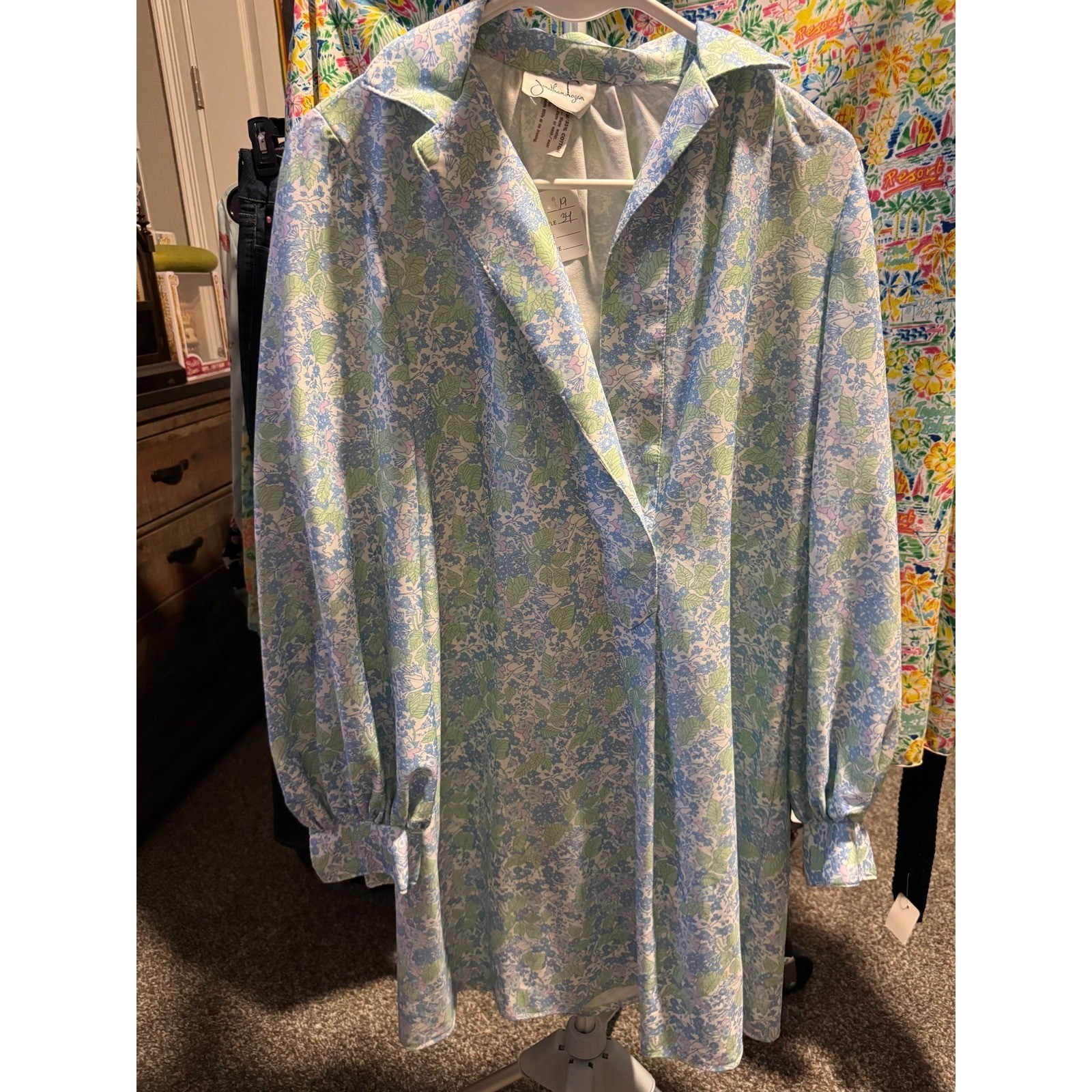107 Vintage Jonathan Logan Floral Shift Dress Blue Green Long Sleeve