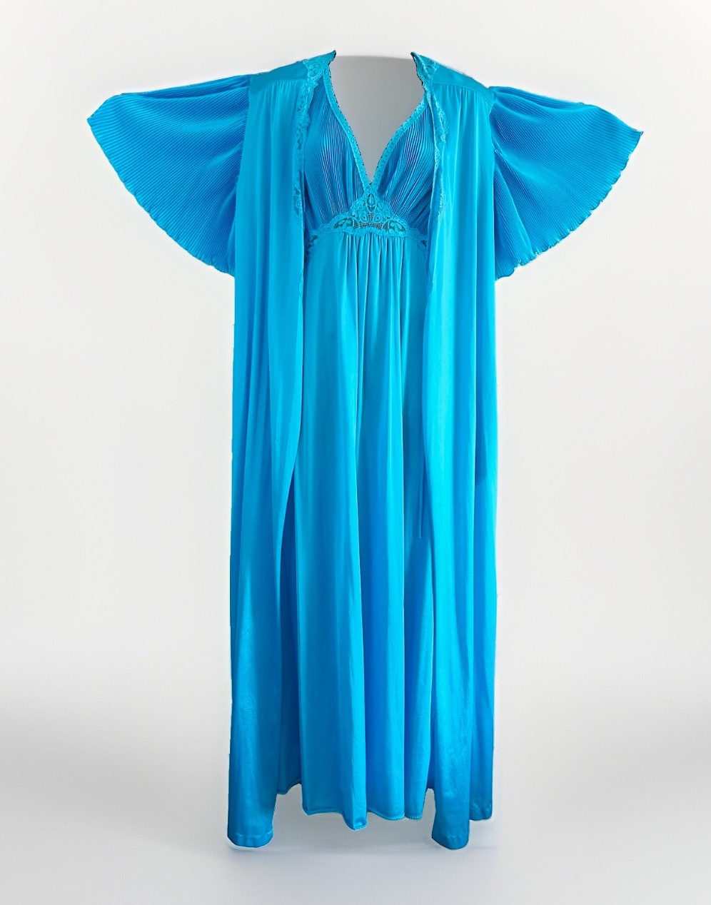 Vintage Miss Elaine Turquoise Blue Nylon Peignoir Maxi Nightgown & Robe Set Sz M