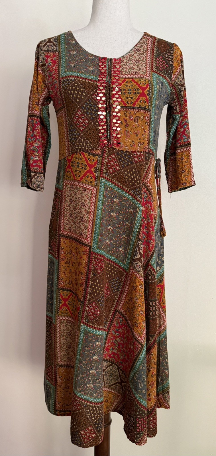 Vintage Rayon Dress Faux Patchwork Embroidered Mirrors Earthy Boho Size XS S