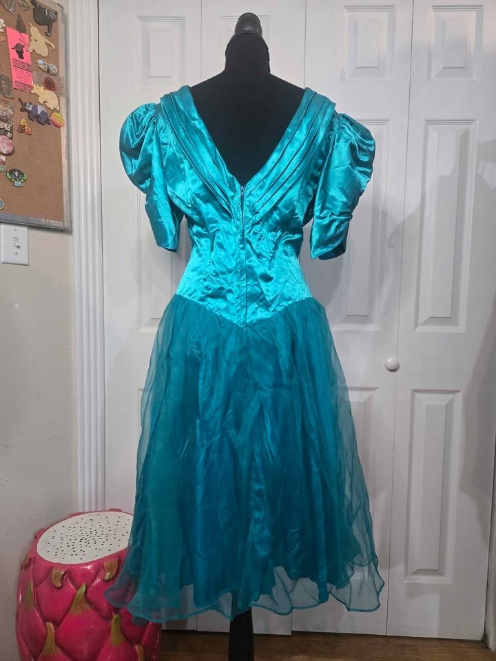 Vintage Turqoise/Teal Taffeta Tulle Satin Crinoline Dress Prom Tea Party Brunch