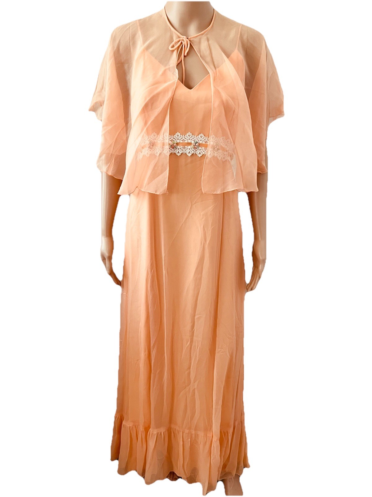 VTG 60s Peach Chiffon Maxi Dress Capelet Floral Lace Ribbon Trim Hemline Damage