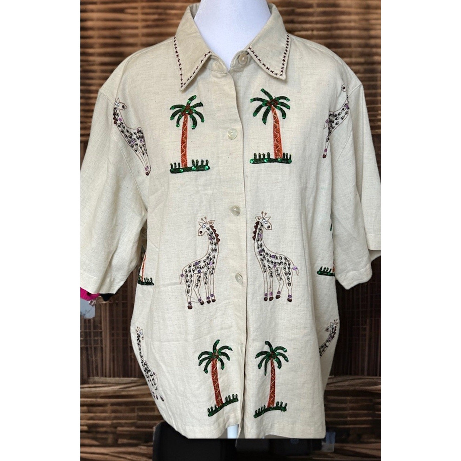 VTG Linen Hawaiian Shirt XL Safari Embroidered Giraffe Palm Sequins TEACHER 90s