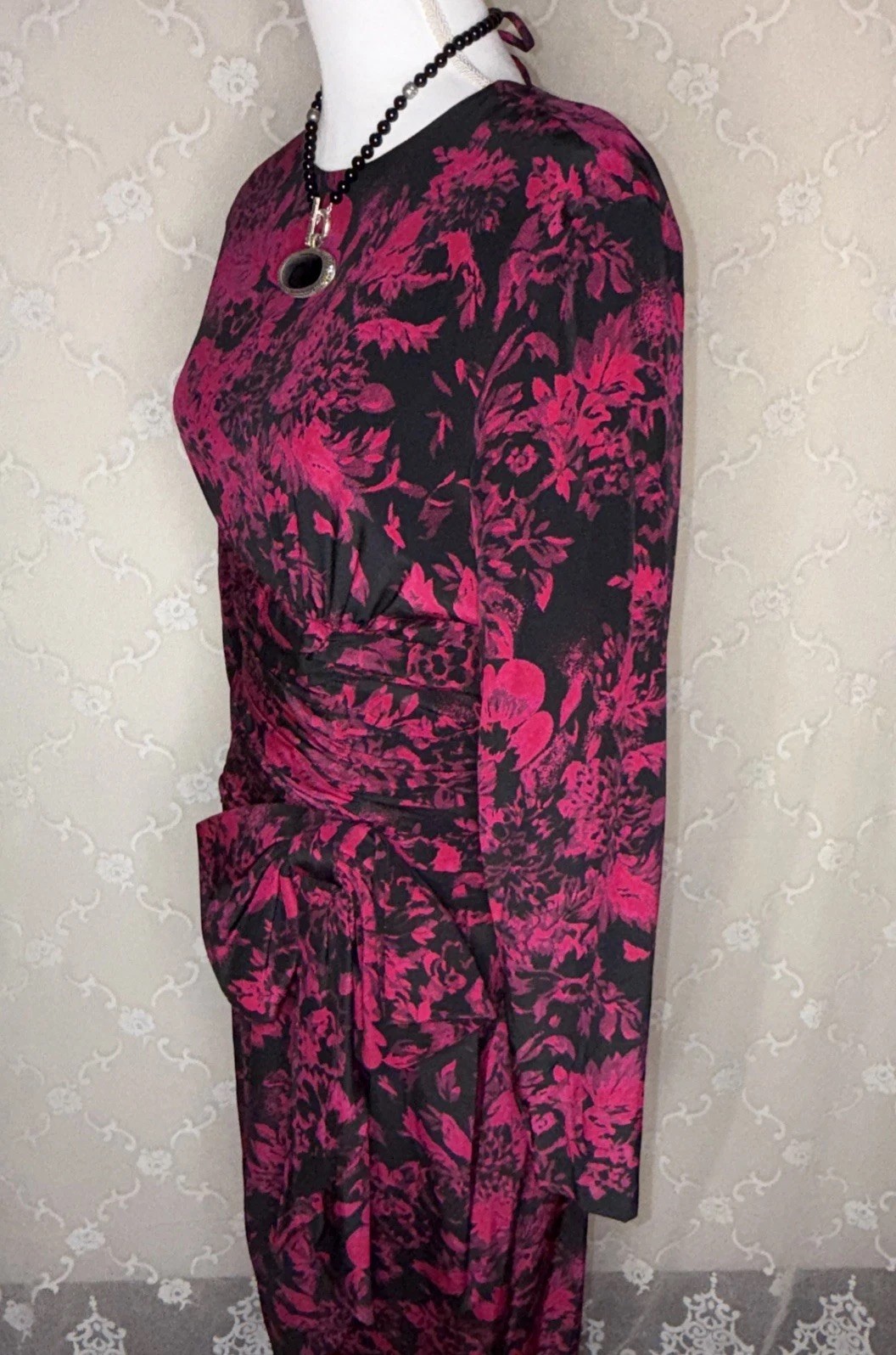 VTG Yves Cassette Magenta & Black Silk Bust Lined Cocktail Dress Sissy Bow SZ 10