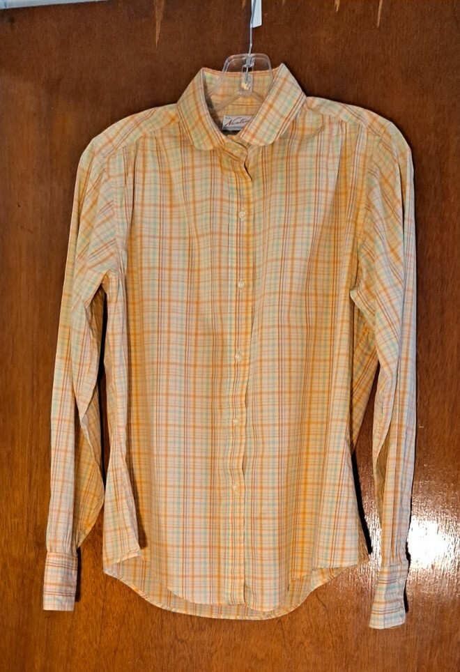 Vtg 60s-70s NANTUCKET USA Preppy Yellow Plaid Cotton Button-Up Blouse sz 14
