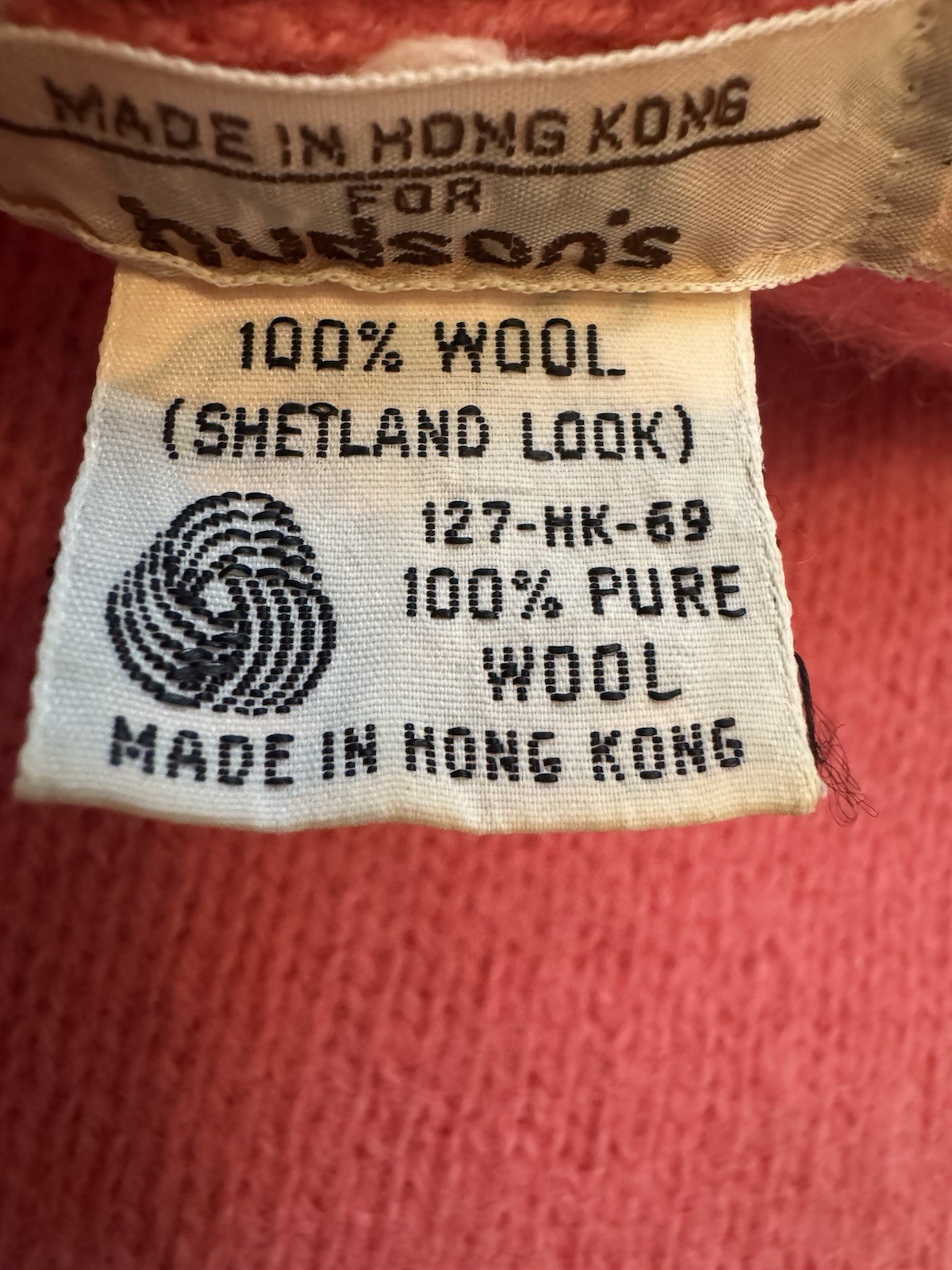 Vintage Hudson’s 100% Wool Sweater Pink Shetland Style Crewneck Hong Kong L