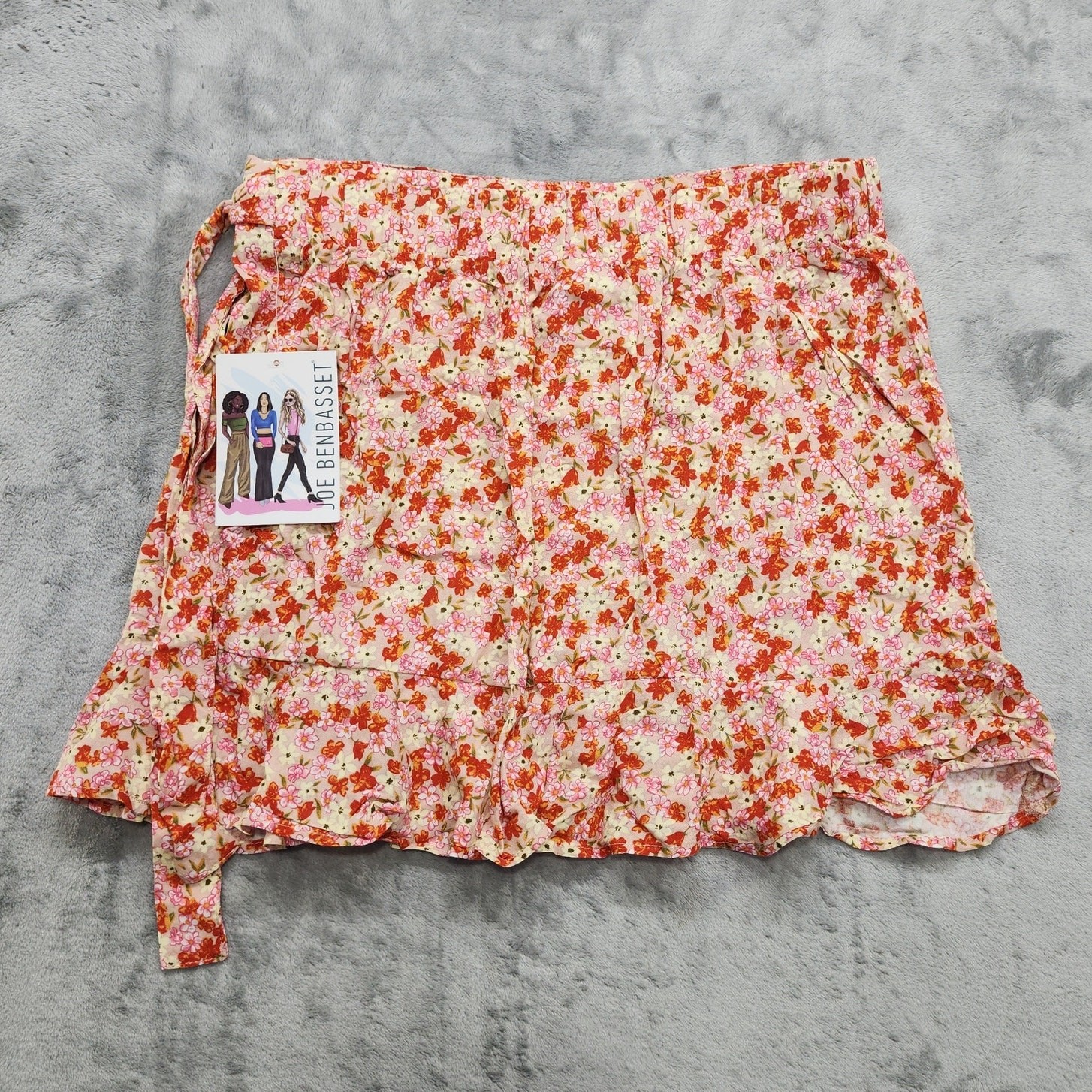 NEW Vintage Y2K Joe BenBasset Skirt Womens L Orange Pink Mini Faux Wrap Ruffled