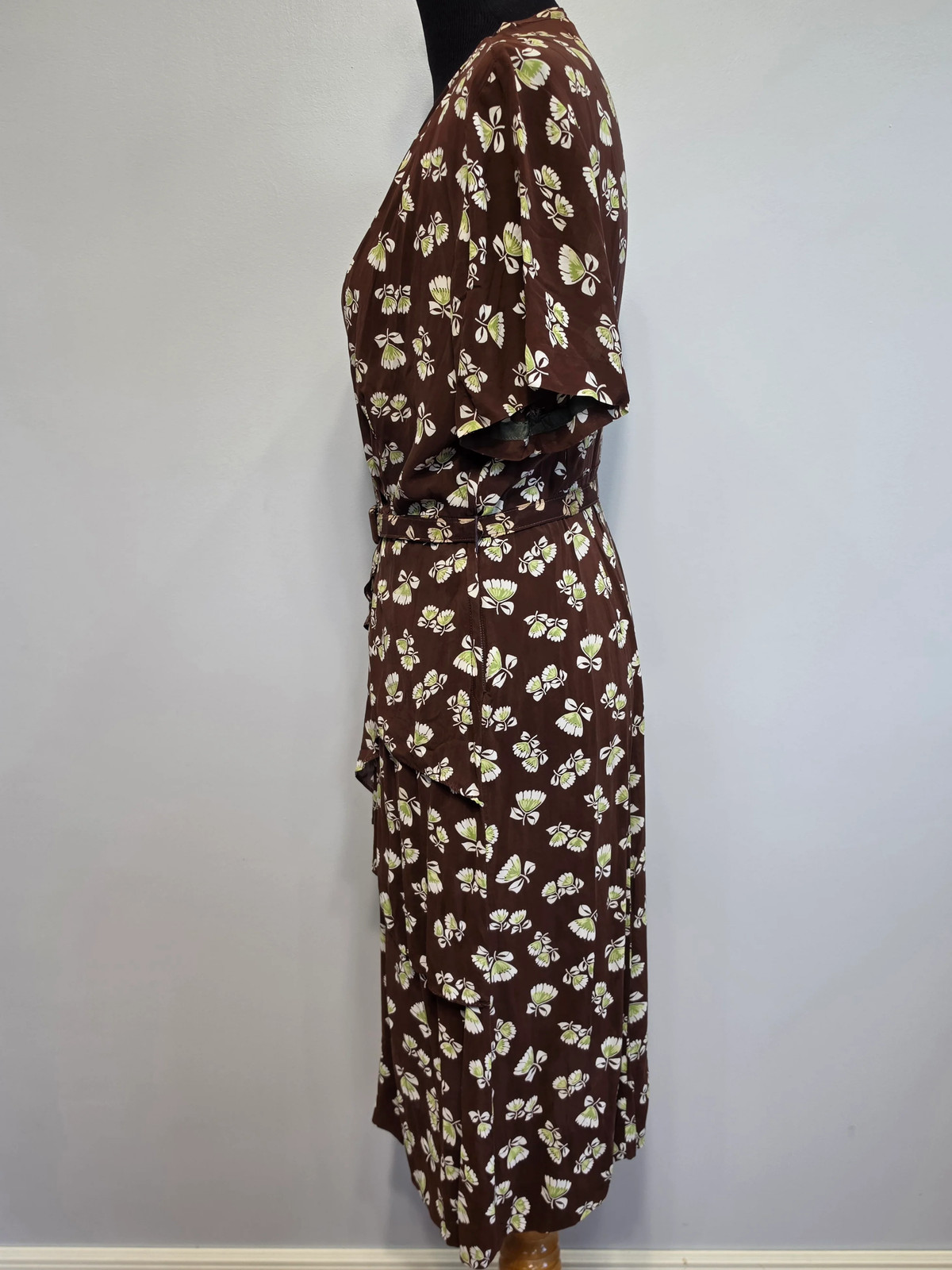 Vintage 1930s 1940s Brown Peplum Dress Flower Print Tulip Novelty (34″ waist)