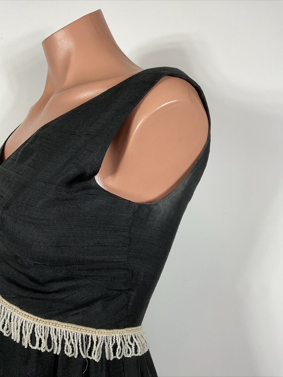 Vintage 60s Cocktail Party Sheath Dress BEADED FRINGE Little Black Dress XS/S