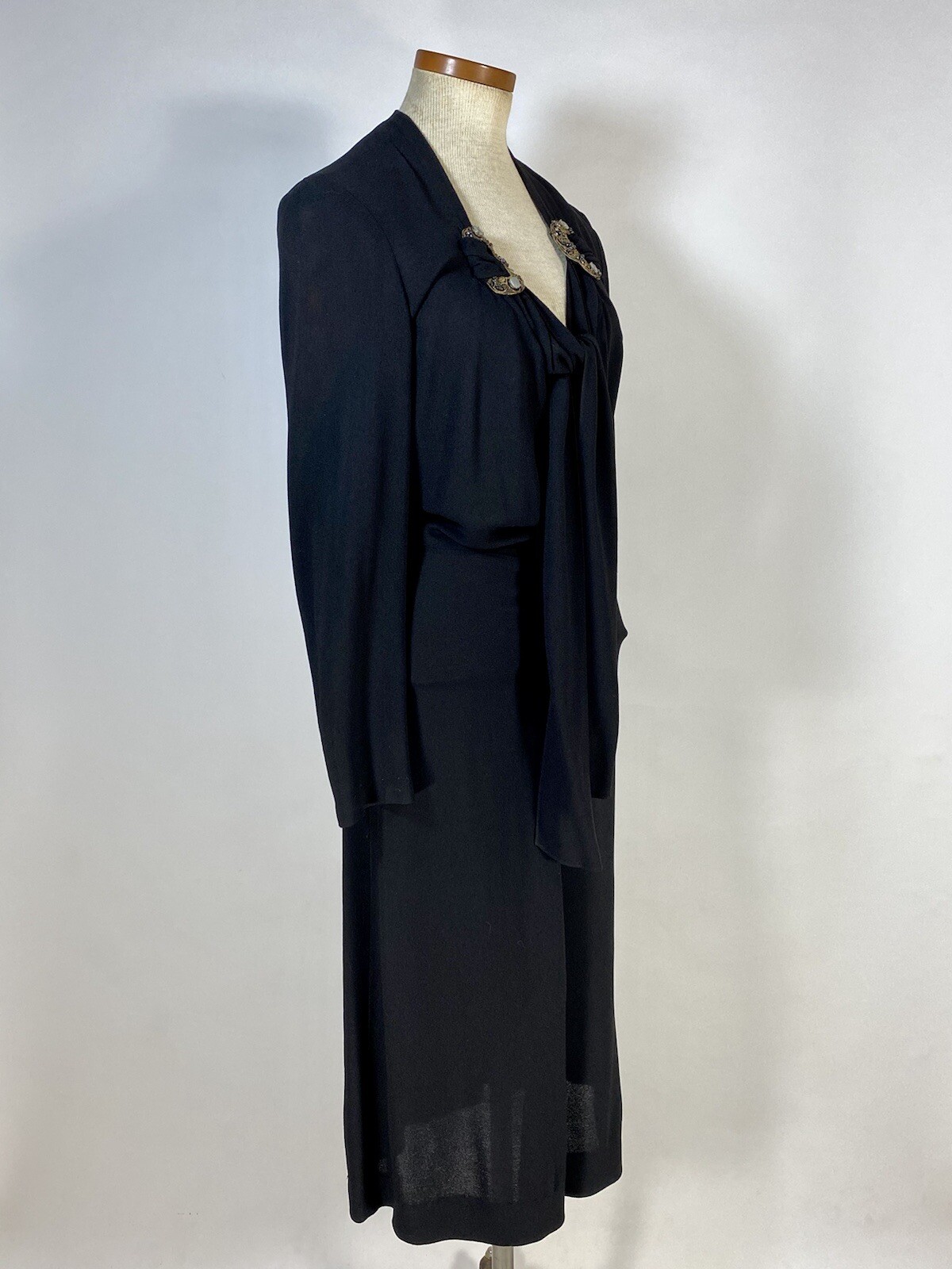 Vintage 1940’s black wool crepe dress with neckline tie & beading embellishment