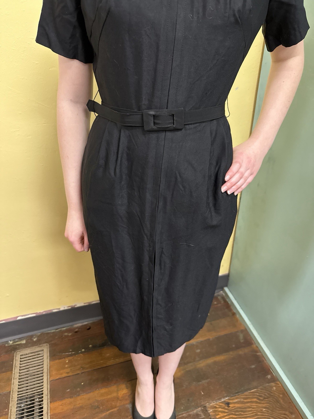 Vintage 50s Polished Cotton Little Black Dress Size S