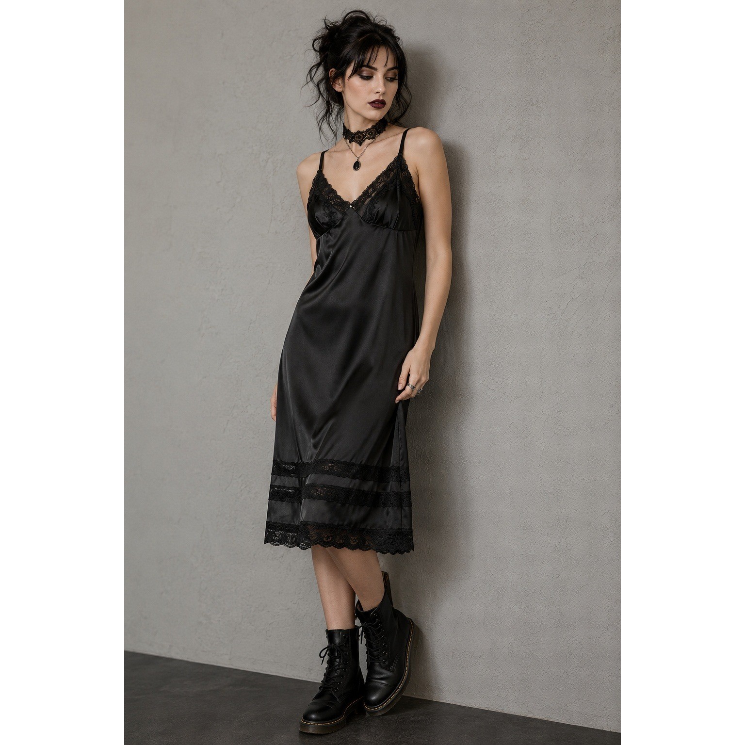Movie Star Vintage Full Slip Dress Gothic Coquette Minimalist Black Nylon 40/L