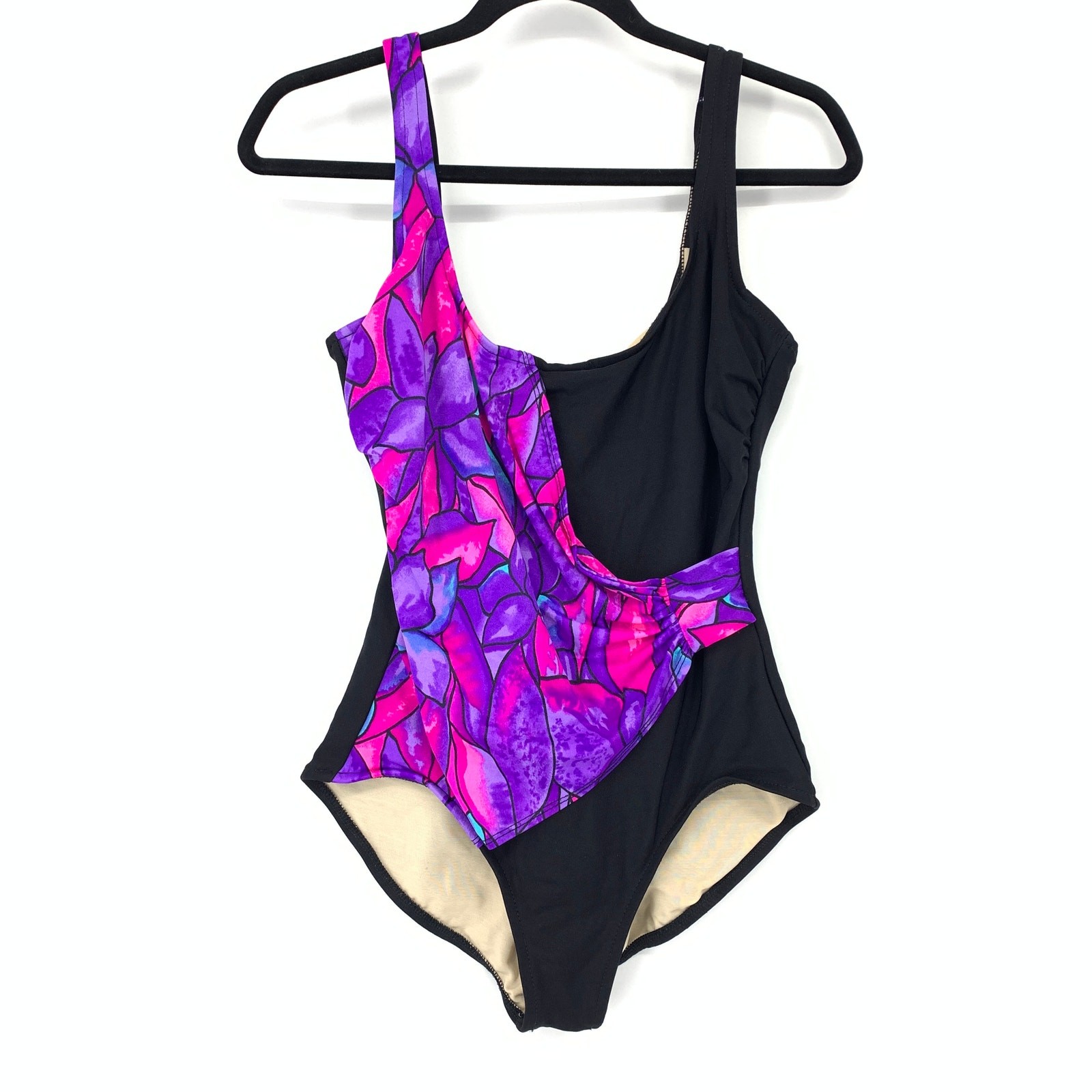 Vintage One Piece Swimsuit Womens Apx Sz S/M Black Pink Purple Draped Front