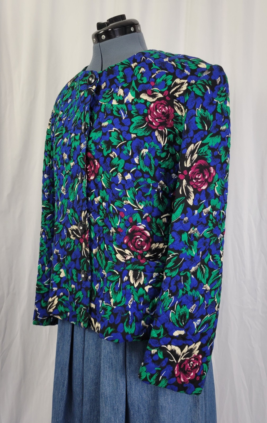 Vtg Stephen Douglas Ltd Blue & Green w Purple Flowers Quilted Jacket Size 14