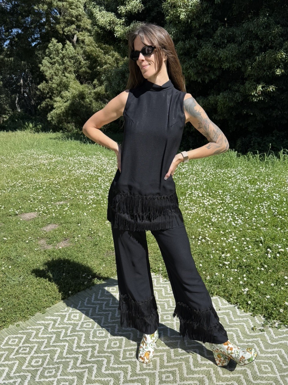 Vintage 1960s Black Fringe 2 Piece Set Bell Bottom Pants + Mini Dress Union Made