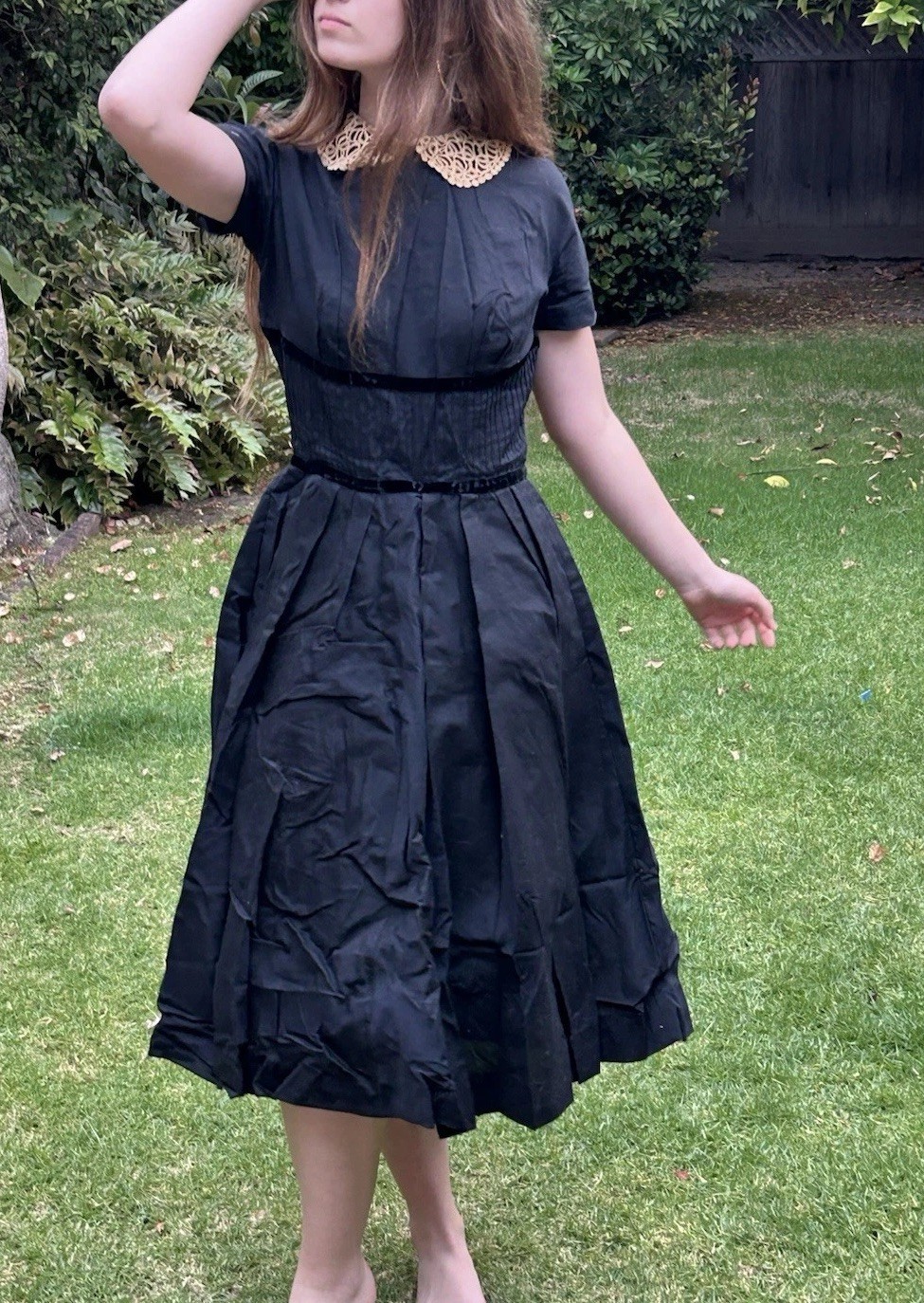 True Vintage 50s S Maggi Stover Peter Pan Lace Collar Dress Pleated Black