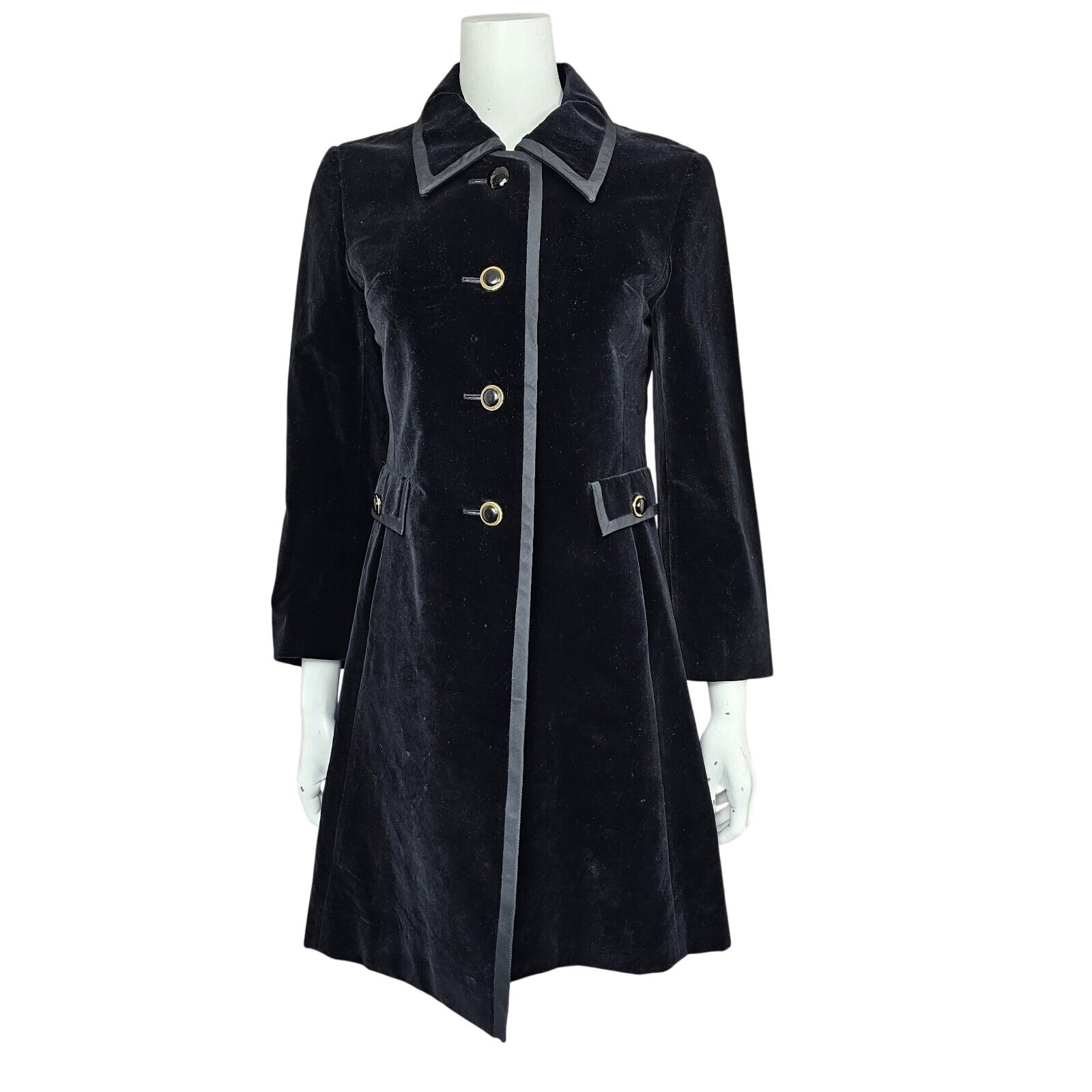 Vintage 60s Modelle Black Velveteen Pea Coat Gothic Victorian Mod Womens S