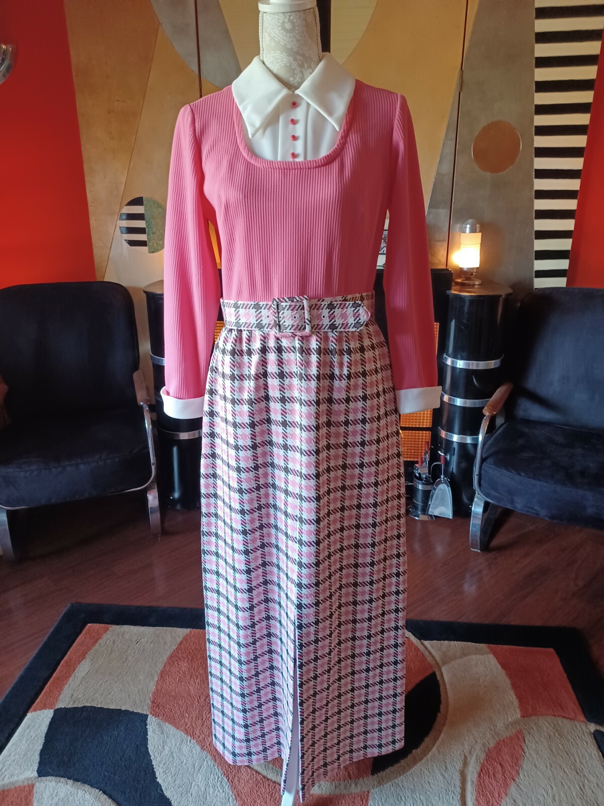 True Vtg Mid-century 1960s 1970s Maxi Dress Polyester Plaid double-knit MCM MOD