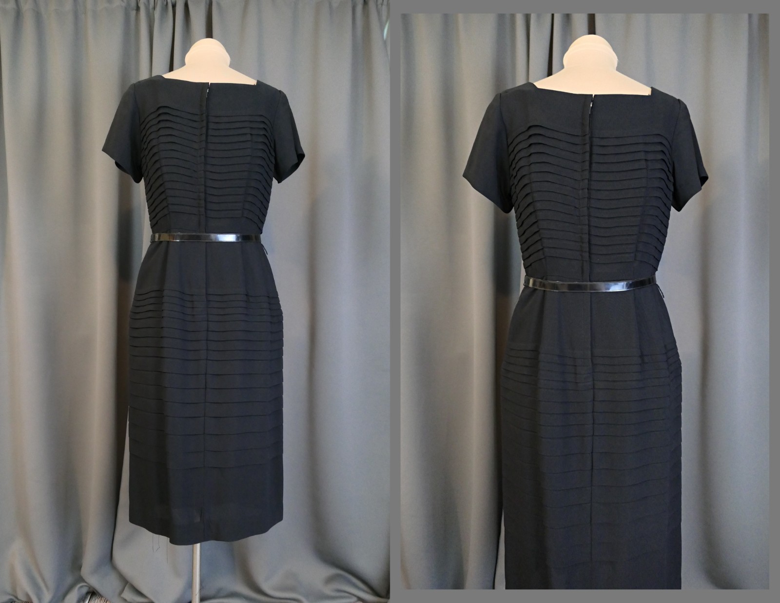 Vintage 1950s Black Pleated Dress, Hourglass Fitted, Gloria Swanson, 35 bust