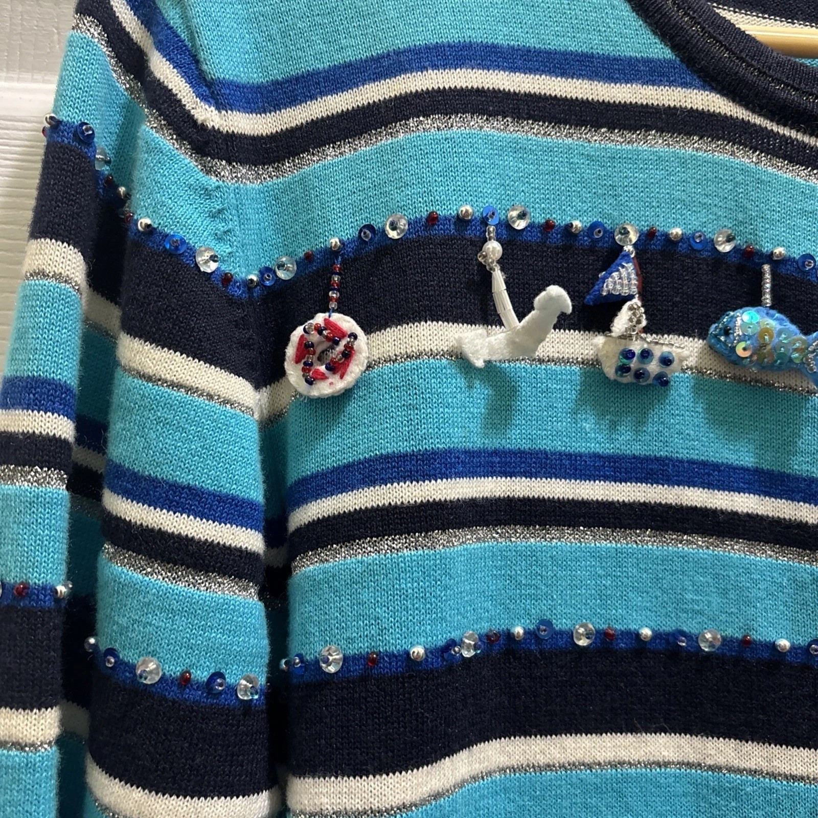 VTG Jack B Quick Cardigan Sweater Womens Petite Medium Turquoise Nautical Themed