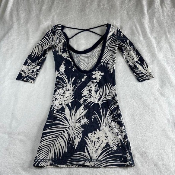 Hollister tropical graphic blue white babydoll dress low scoop back y2k vintage