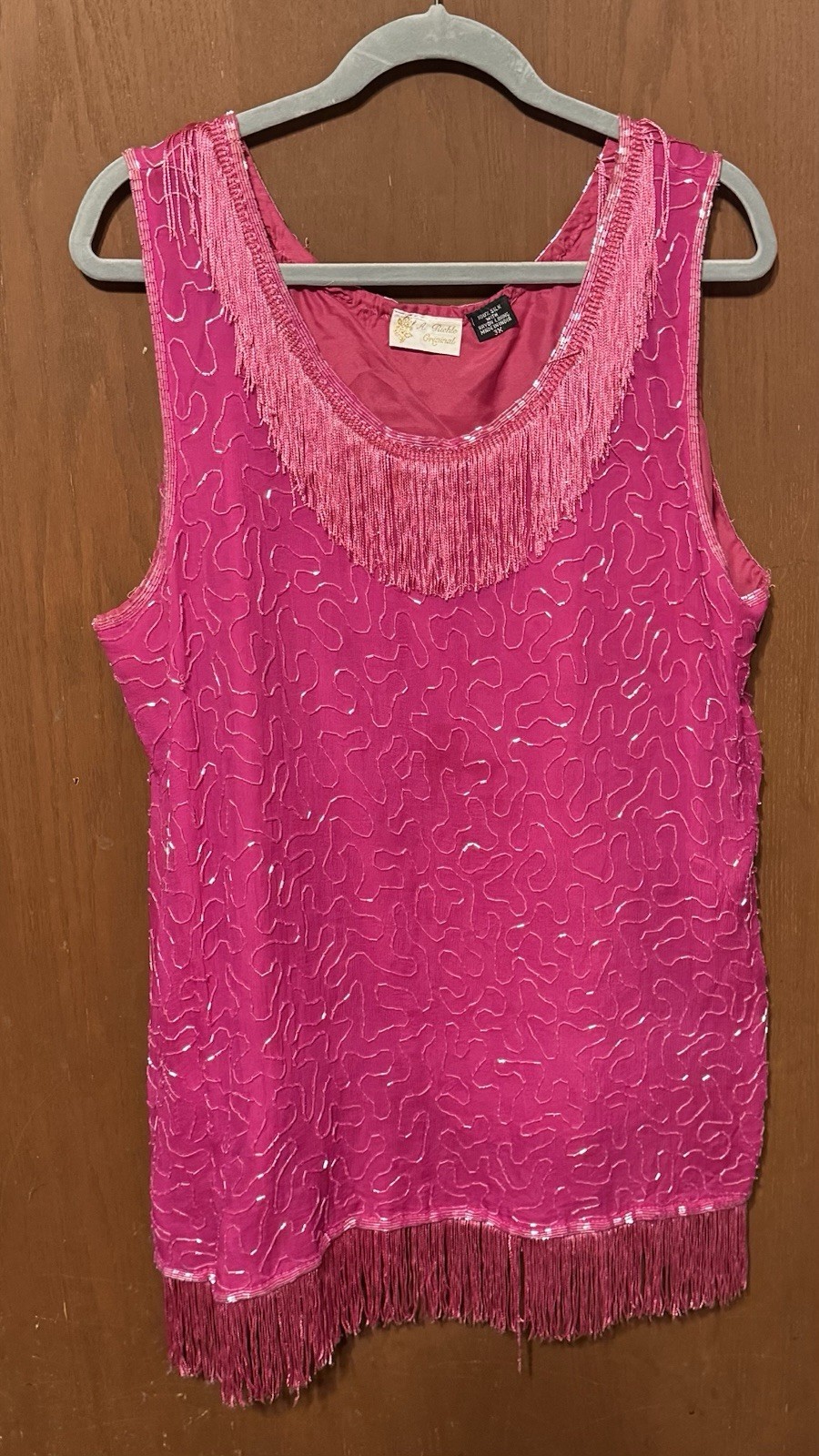 Vintage Riehle Original Embellished Fringe Beaded Silk Pink Tank Top Sz 3X GTb31
