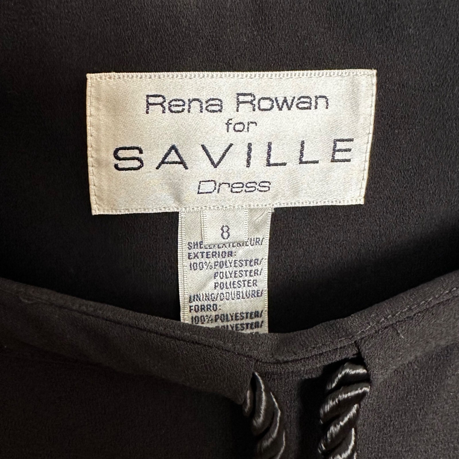 Vintage 80s Rena Rowan for Saville Black Shift Dress Rope Detail Sz 8