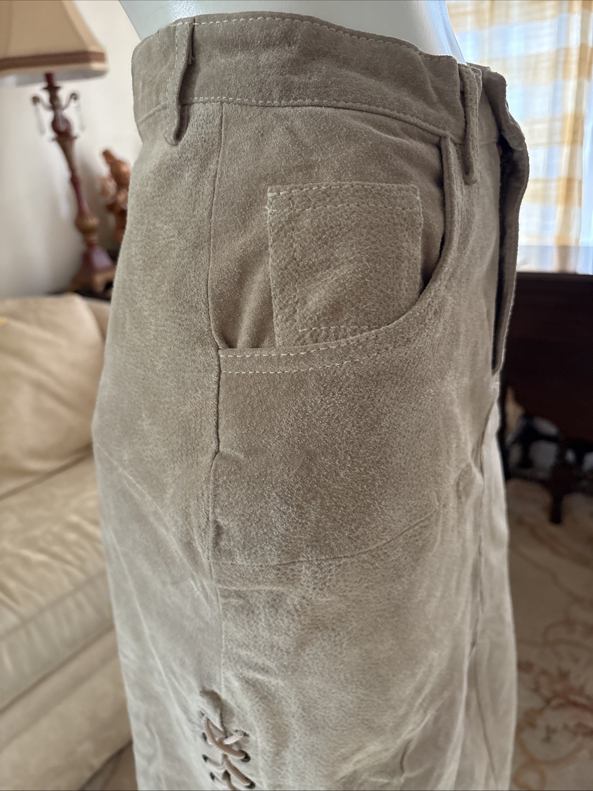 Vtg Neutral Zone Tan Suede Genuine Leather Pencil Skirt Lined Pockets Slits Sz 5