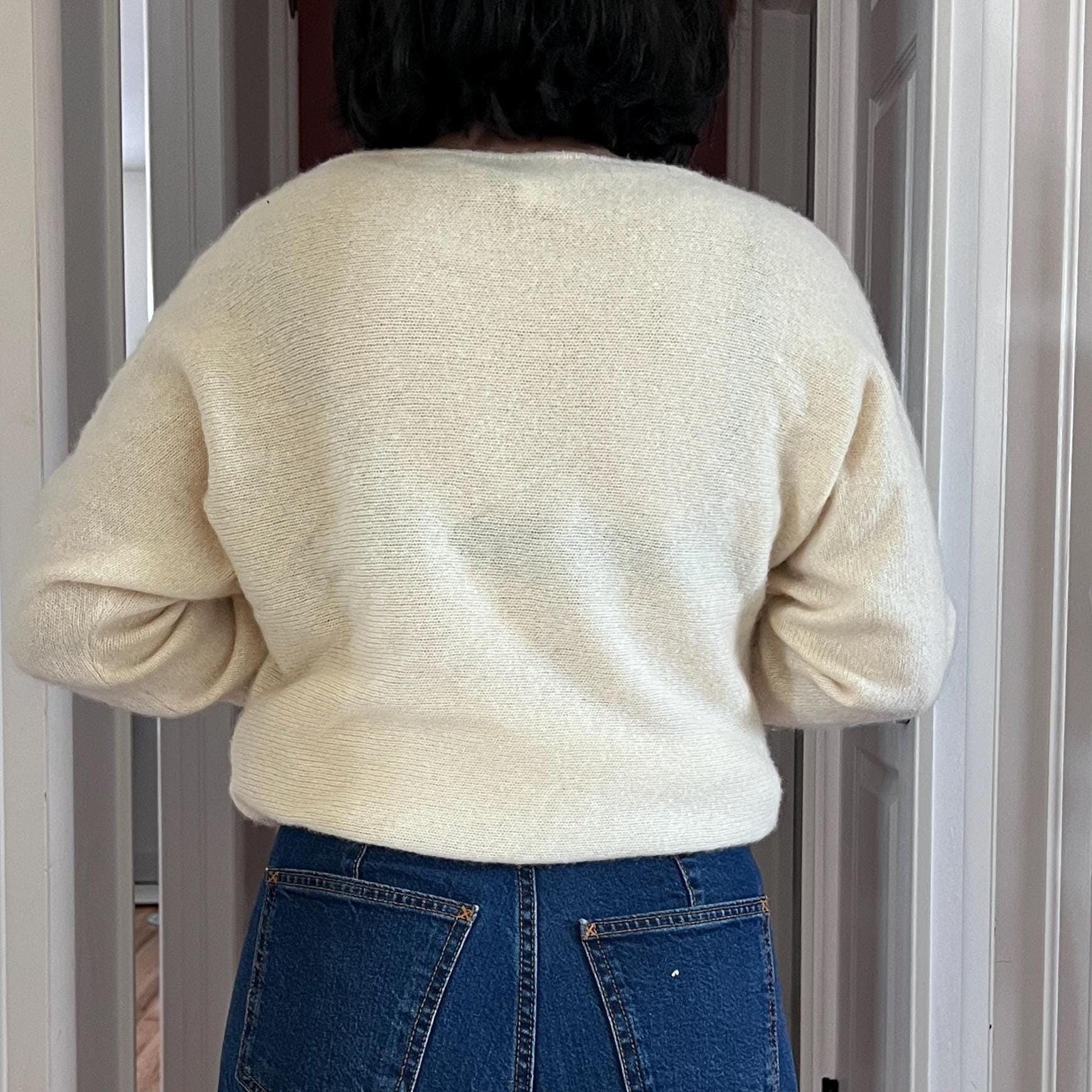 Vintage 90s Cashmere Blend Oversized Floral Sweater Cream Neutral Cottagecore M