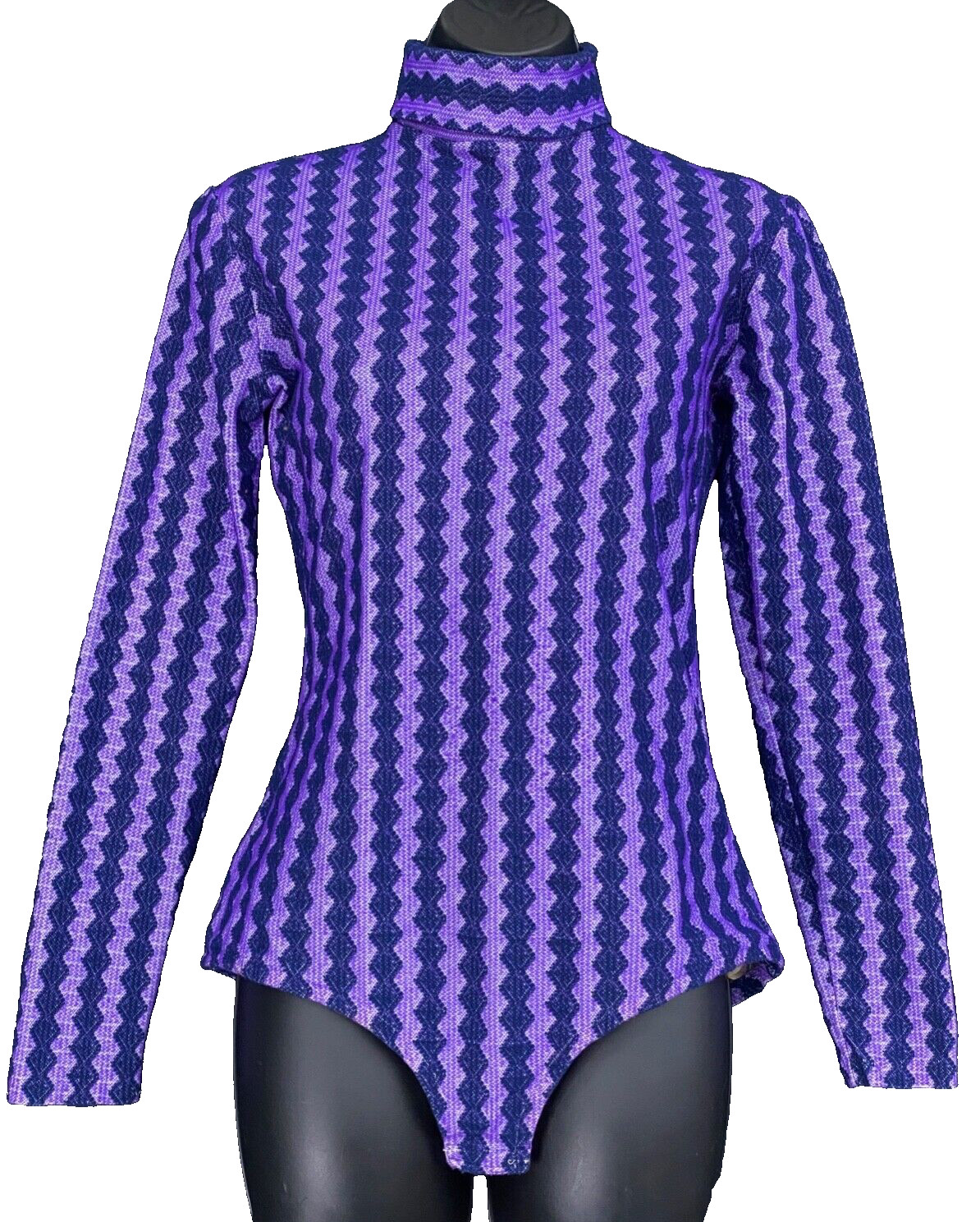 Vintage 1970s purple striped bodysuit, long sleeve shirt blouse top mock neck