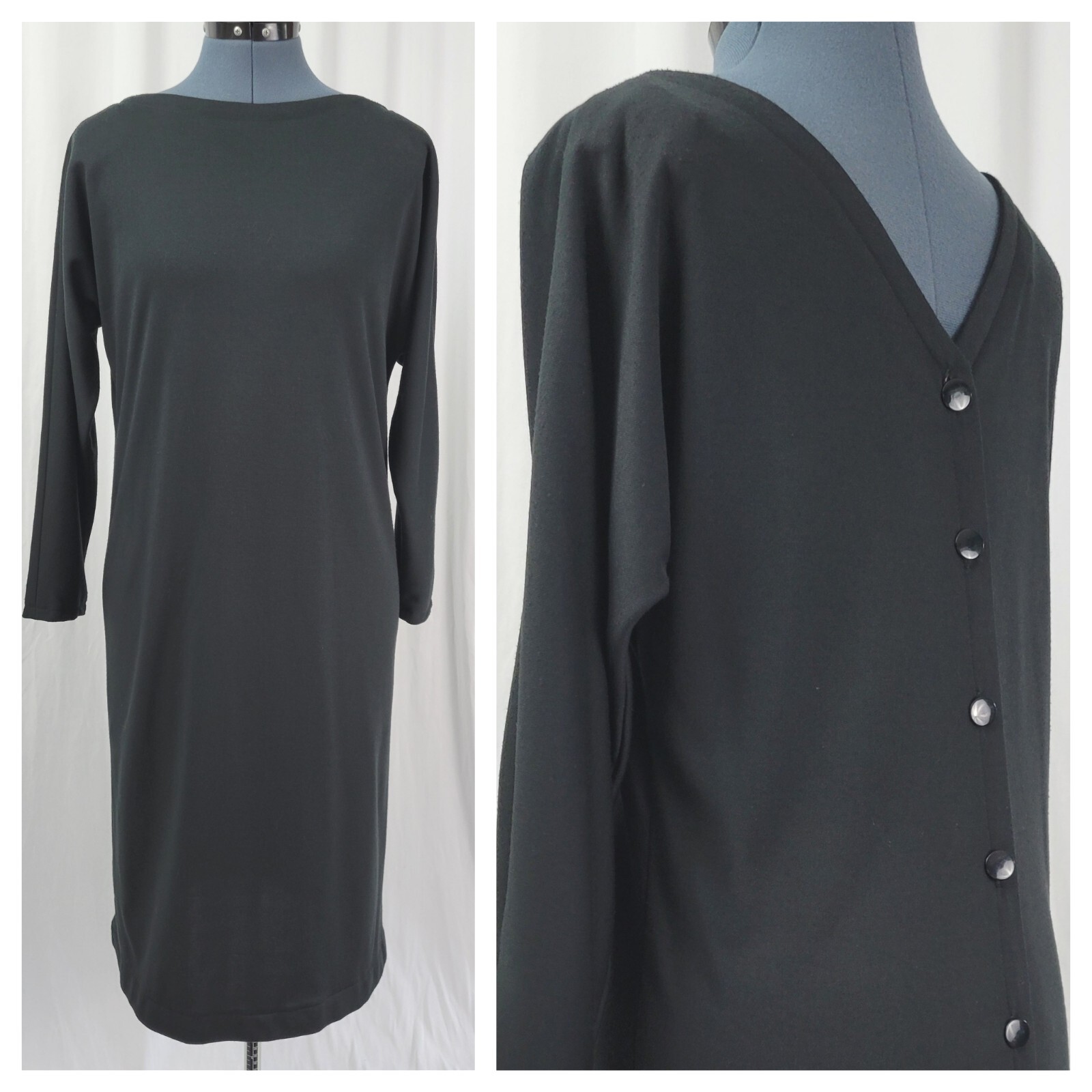 Vtg New Raves Black Knit Back Button Down Shift Dress w Batwing Sleeves Size S?