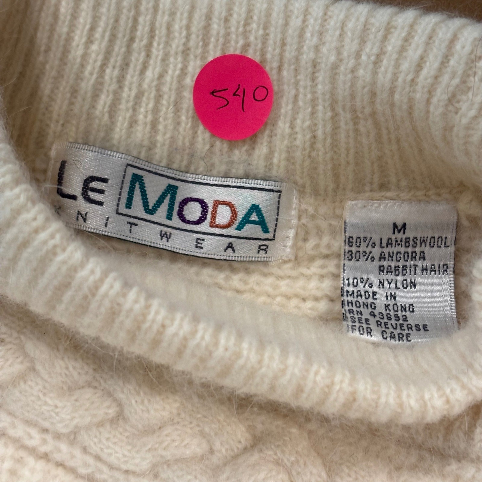 Le Moda Vintage Angora Lambswool Cable Knit Mock Neck Sweater Cream Women Medium