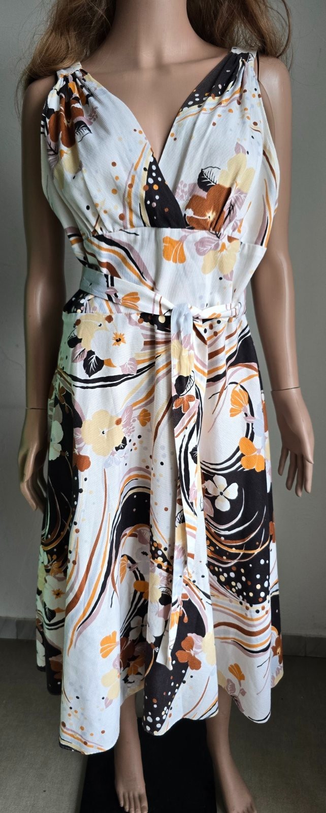 Vintage70sTRINA LEWIS& MARJON COUTURE Cotton Dress Abstract Floral Bust-90cm/35″