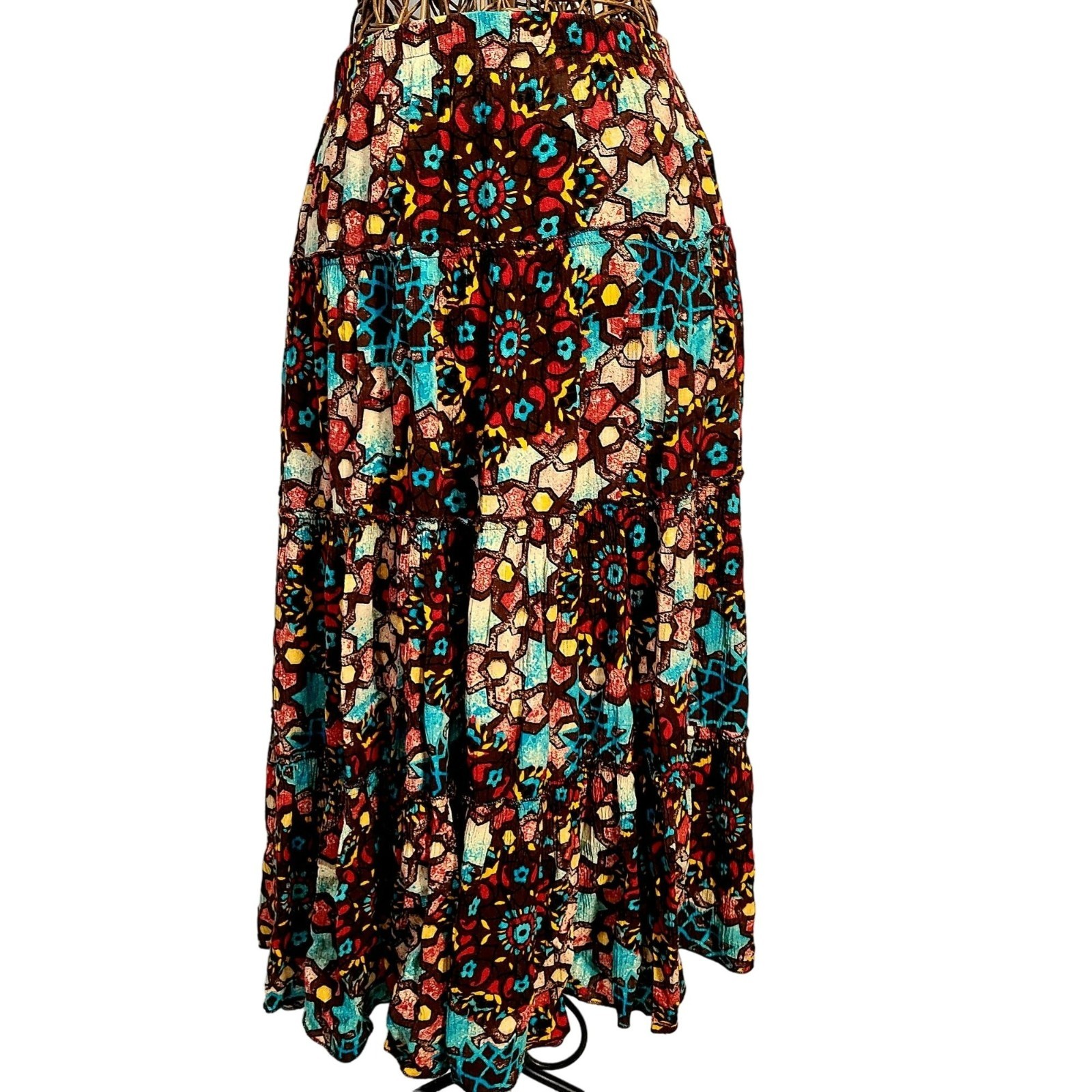 Vintage 90s Colorful Boho Set Women Medium Button Top Shirt Midi Skirt 8 10 Star