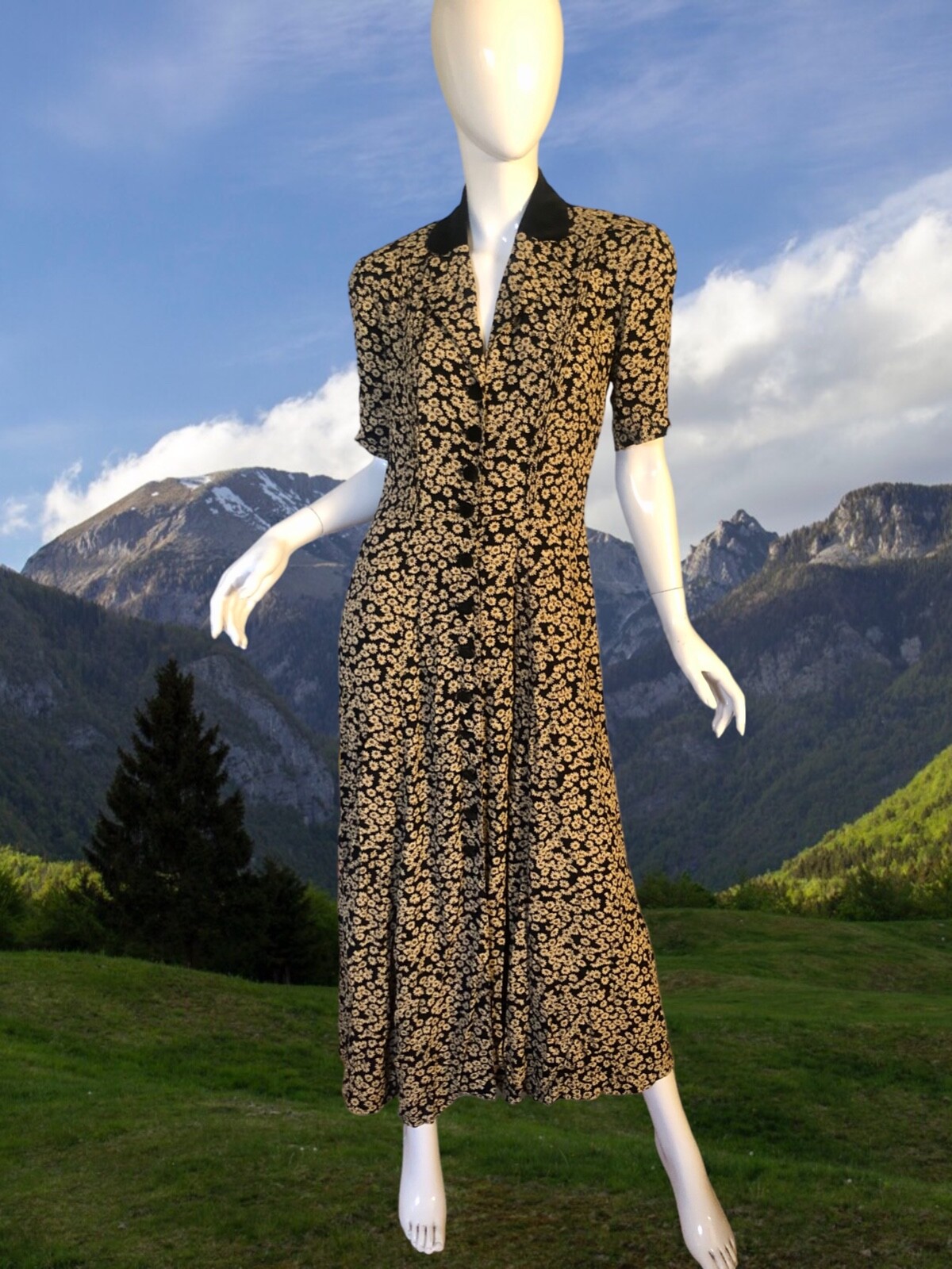 Vtg 90s 30s KAREN ALEXANDER Dress 4 S M Midi Rayon Mini DAISY FLORAL Cottagecore