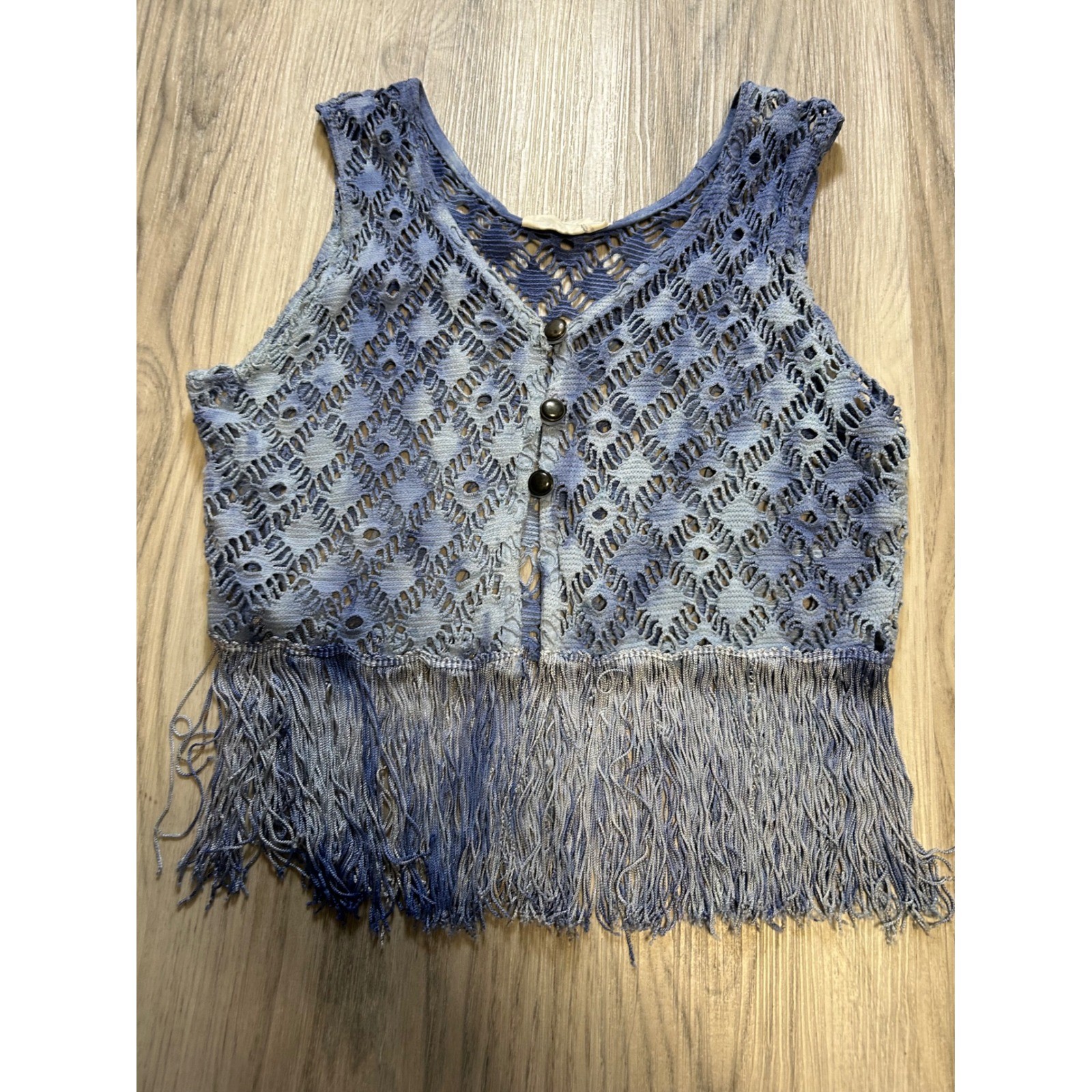 Vintage ripe Clothing Blue Tie Dye Crochet Fringe Vest Boho Festival Knit Crop