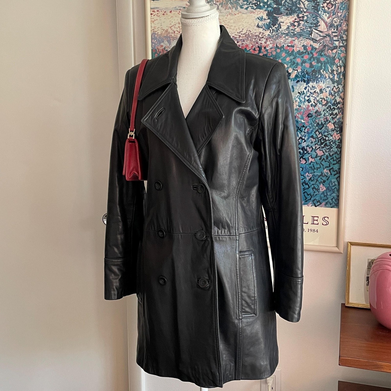 Vintage 90s Black Genuine Leather Coat Small Double Breasted Trench Grunge Goth