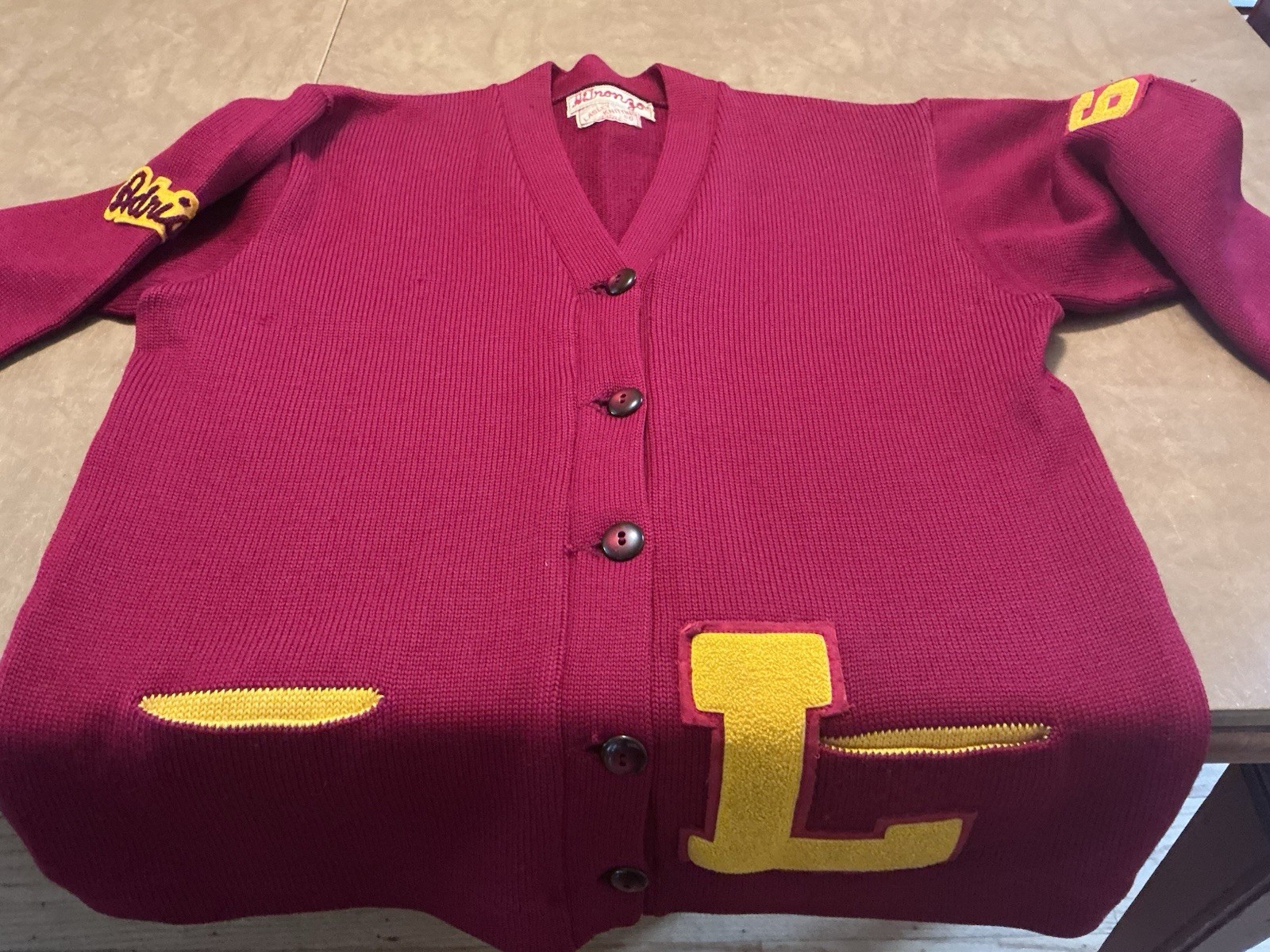 VTG Woman’s Letterman /Cheerleader Sweater Heavy Wool Knit Maroon/Gold 1964