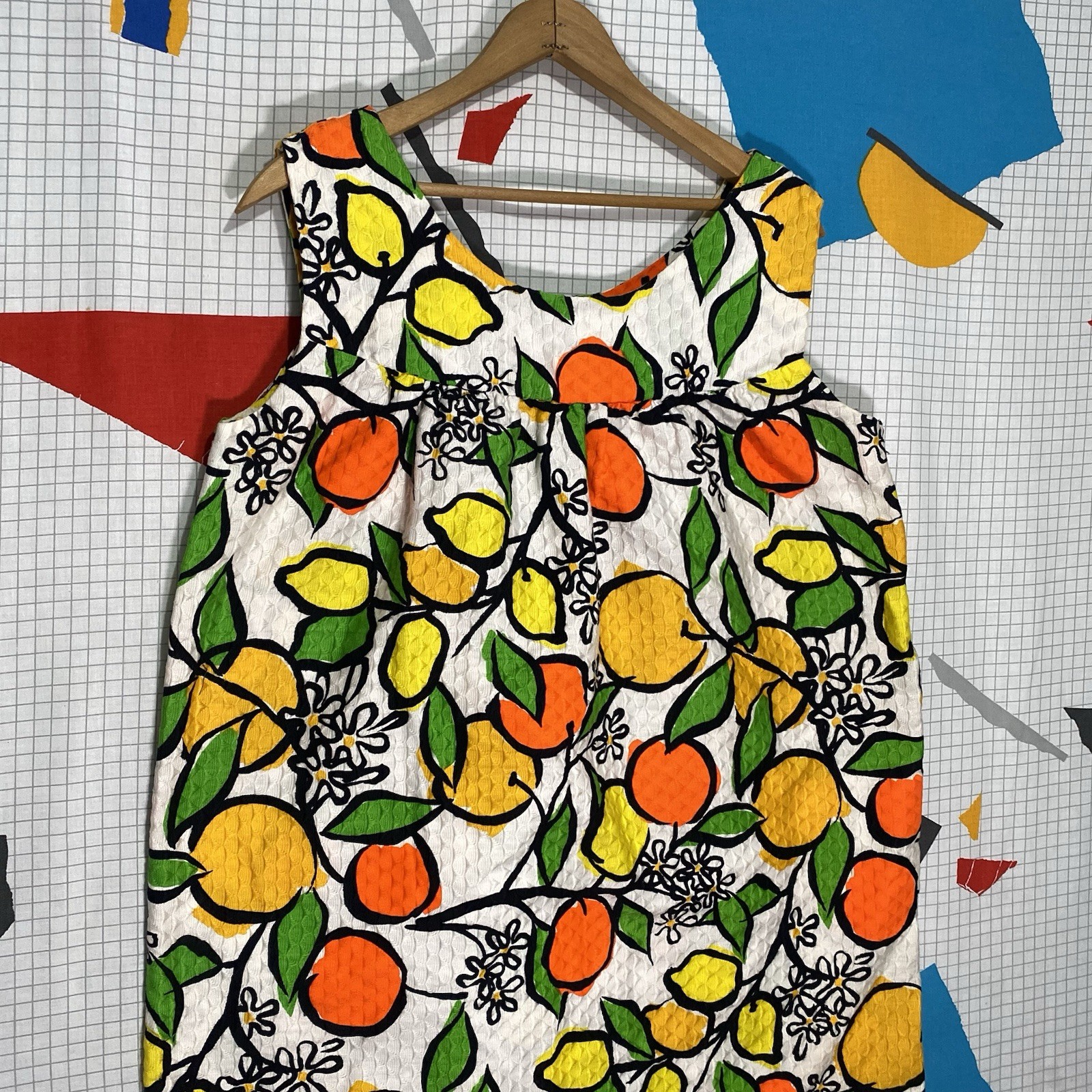 Vintage 60s Fruit Shift Dress Hawaii Mod Gogo Large Cotton Novelty Lemon Orange