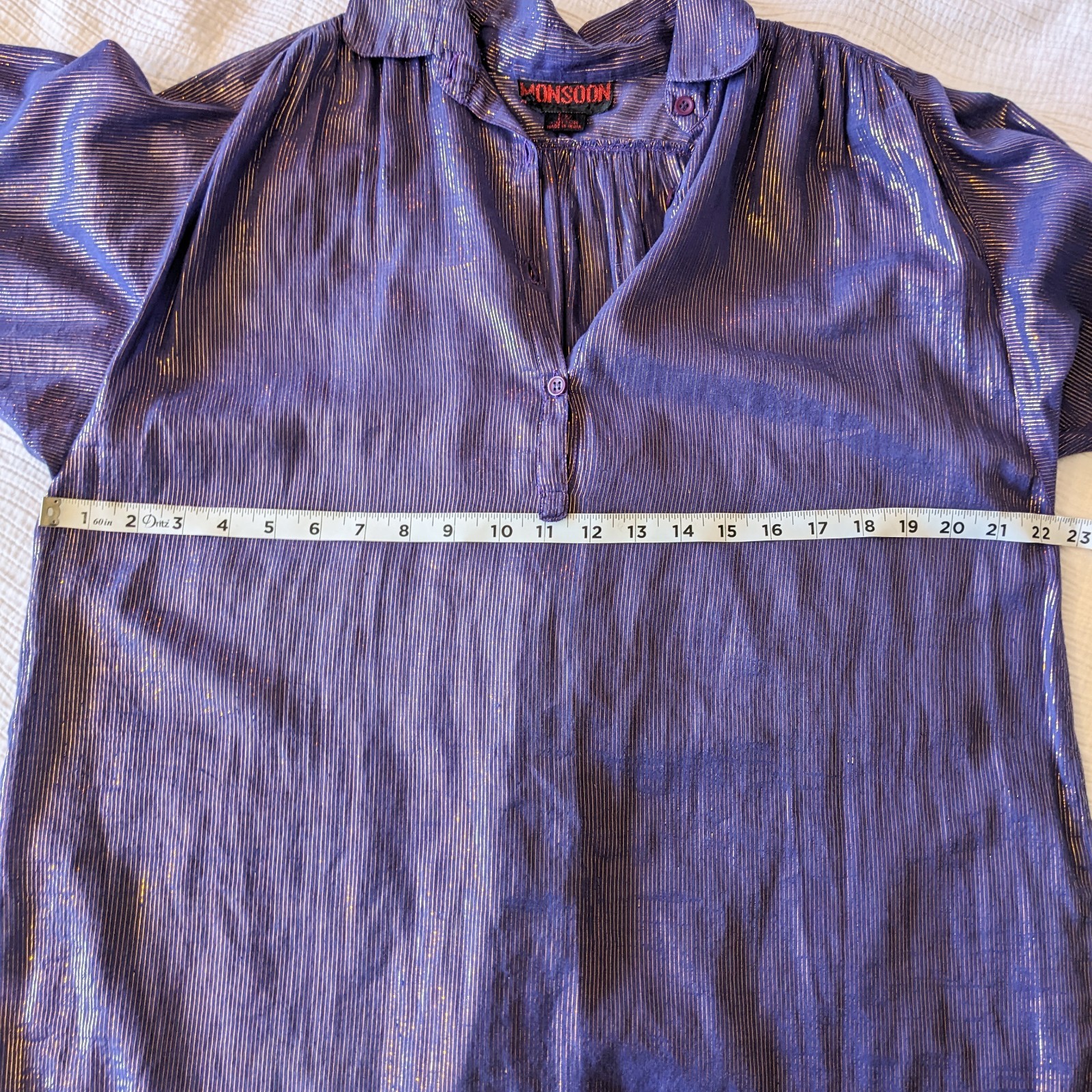 VTG 80s Metallic Gold Stripe Cotton Voile Blouse 14/L Purple Button Up Top India
